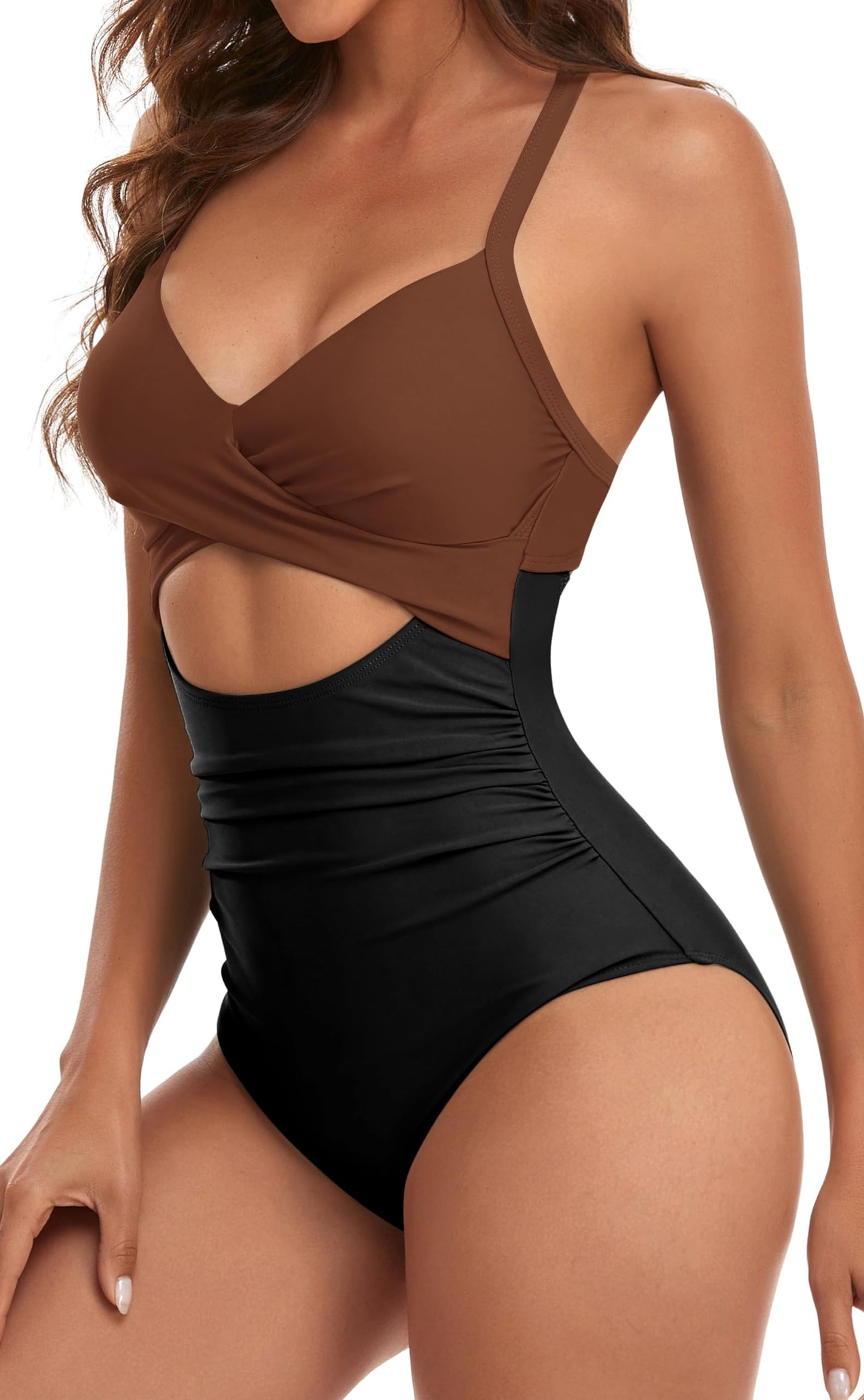 Eomenie Women's One Piece Swimsuits Tummy Control Cutout High Waisted Bathing Suit Wrap Tie Back 1 Piece Swimsuit Caramel, Black