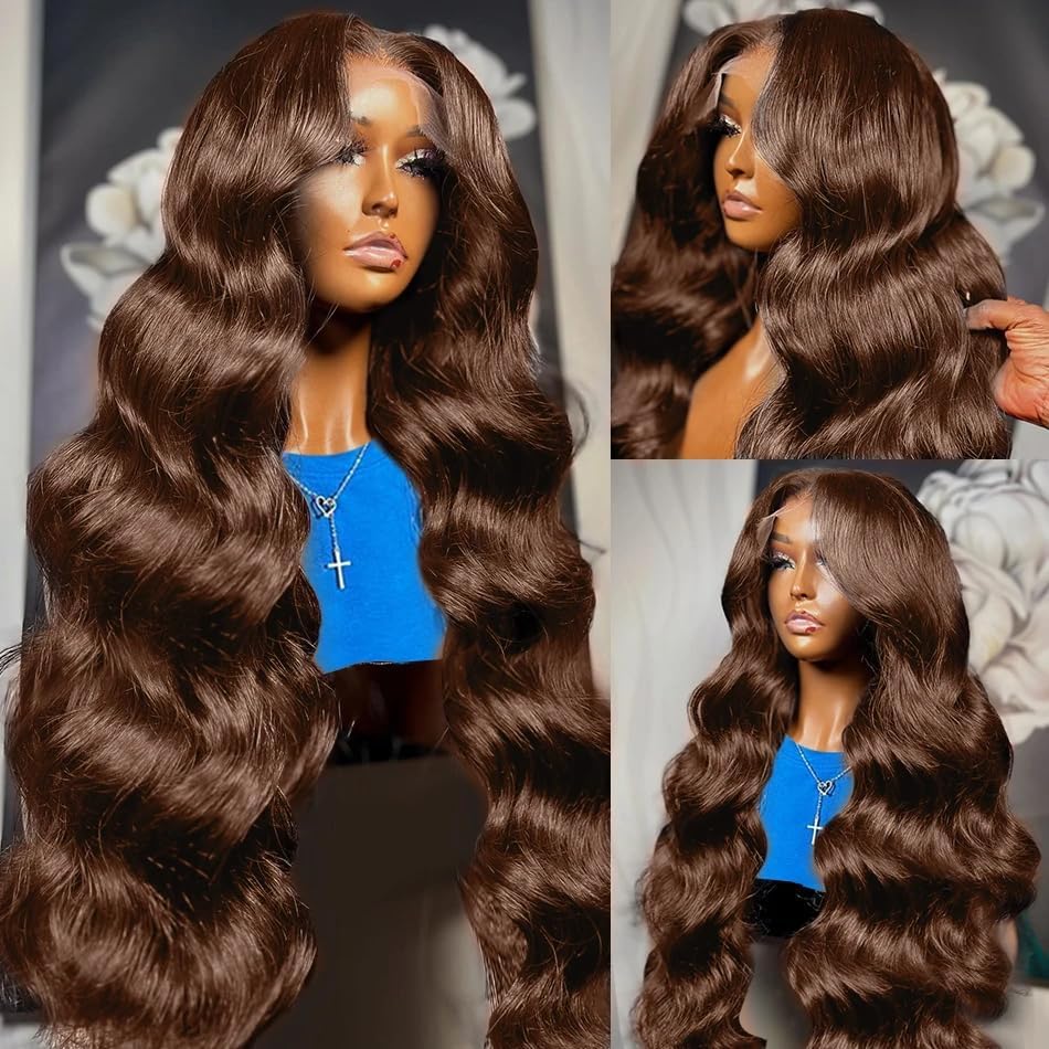 250% Density Chocolate Brown Lace Front Wig Human Hair 13x4 Body Wave Lace Front Wigs with Baby Hair Colored Human Hair Wigs For Women HD Transparent Lace Front Wig(18 Inch,Chocolate Brown Wig)