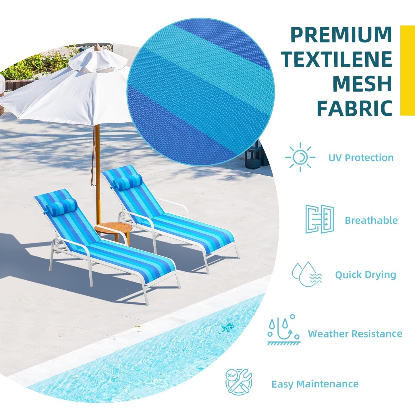 EROMMY Patio Chaise Lounge, Set of 2 Outdoor Lounge Chair, for Beach Pool Sunbathing Lawn Lounger Recliner Chiar Outside Tanning Chairs for All Weather
