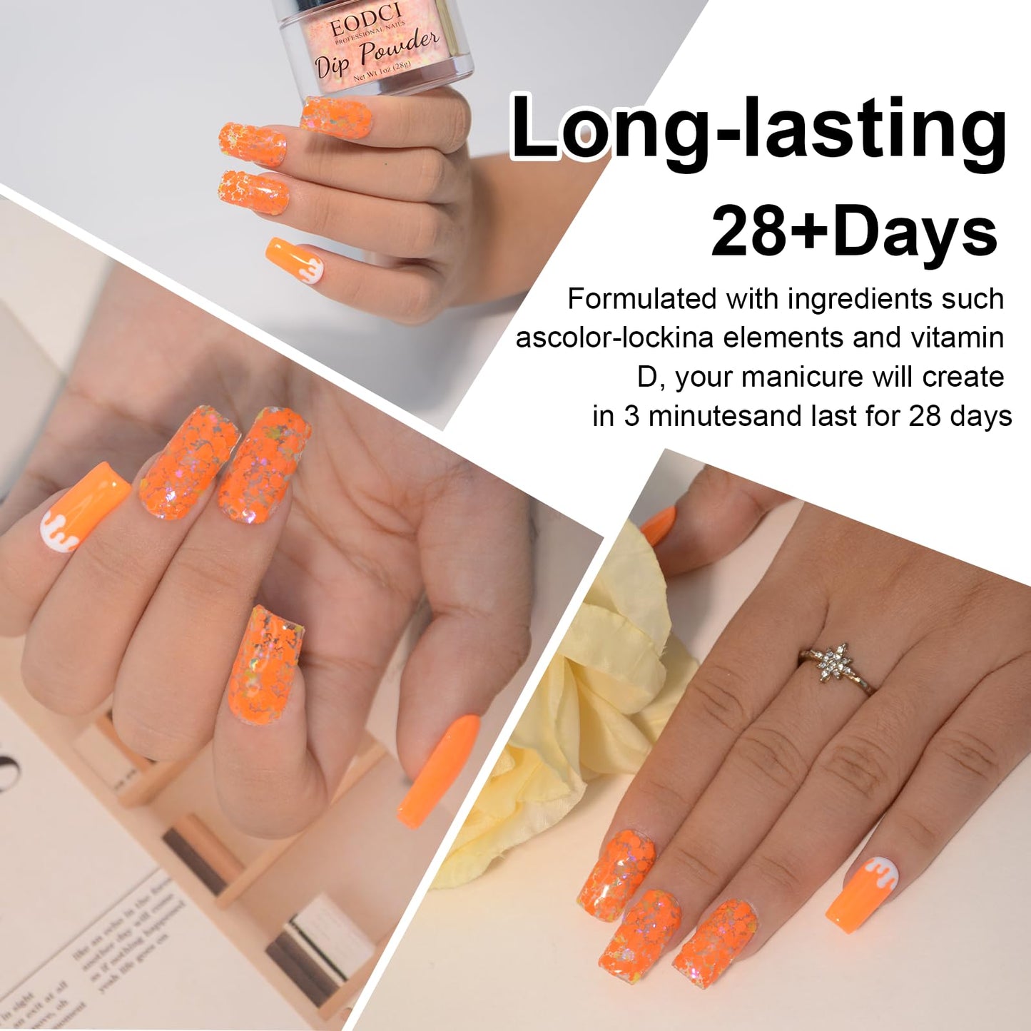 EODCI Nail Dip Dipping Powder,1 Oz/28g Dopamine Glitter Orange Color Dipping Powder French Nails Art Starter Manicure DIY Salon Home Gift for Women,No Need Nail Lamp Cured