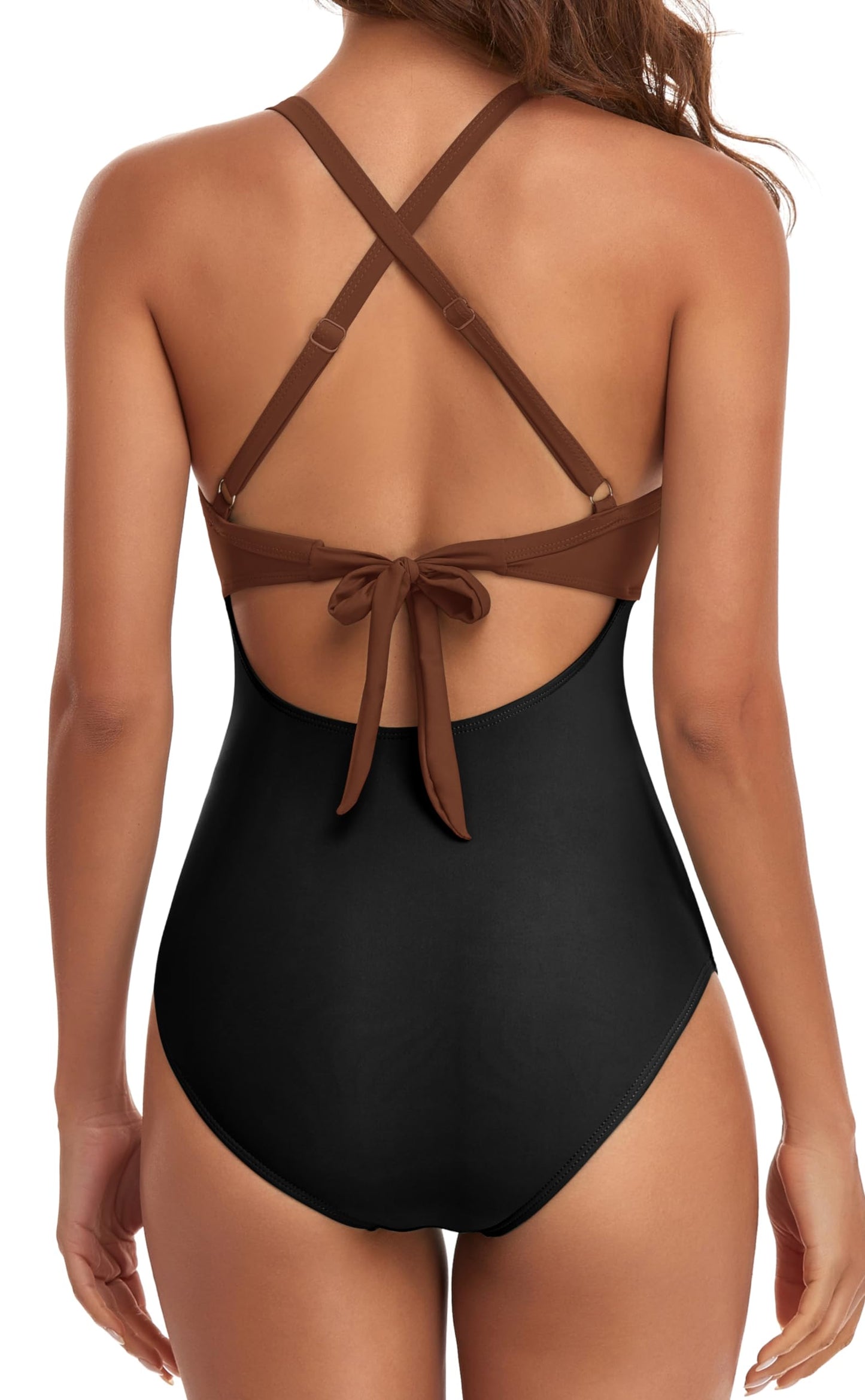 Eomenie Women's One Piece Swimsuits Tummy Control Cutout High Waisted Bathing Suit Wrap Tie Back 1 Piece Swimsuit Caramel, Black