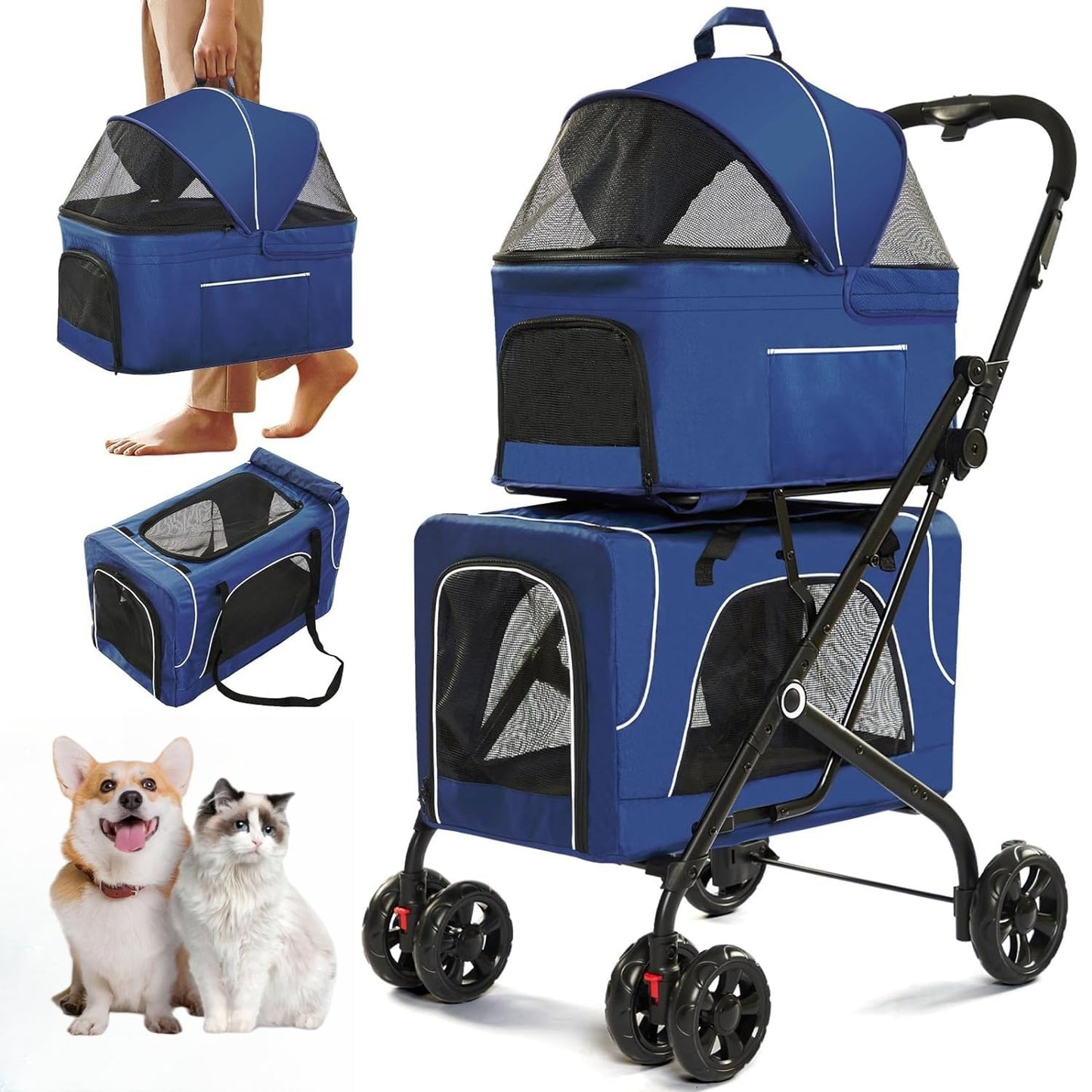 Double Dog Stroller for 2 Dogs, Detachable Carriers, Safety Belt, Lockable Wheels, Pet Travel Carrier Strolling Cart, Folding Cat Stroller for Small Medium Pets Dogs (Blue)