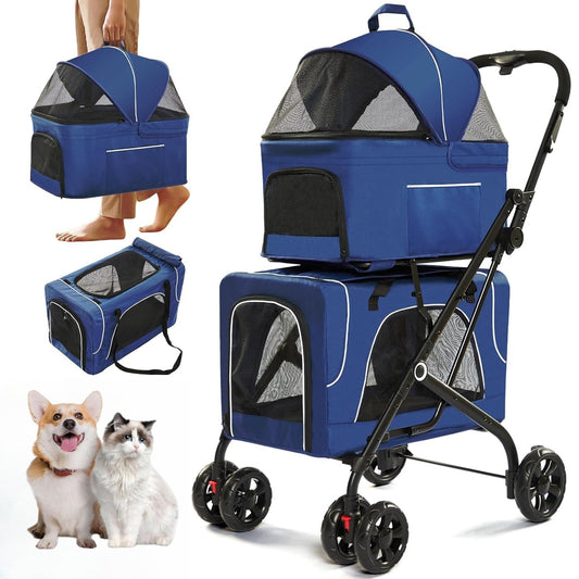 Double Dog Stroller for 2 Dogs, Detachable Carriers, Safety Belt, Lockable Wheels, Pet Travel Carrier Strolling Cart, Folding Cat Stroller for Small Medium Pets Dogs (Blue)