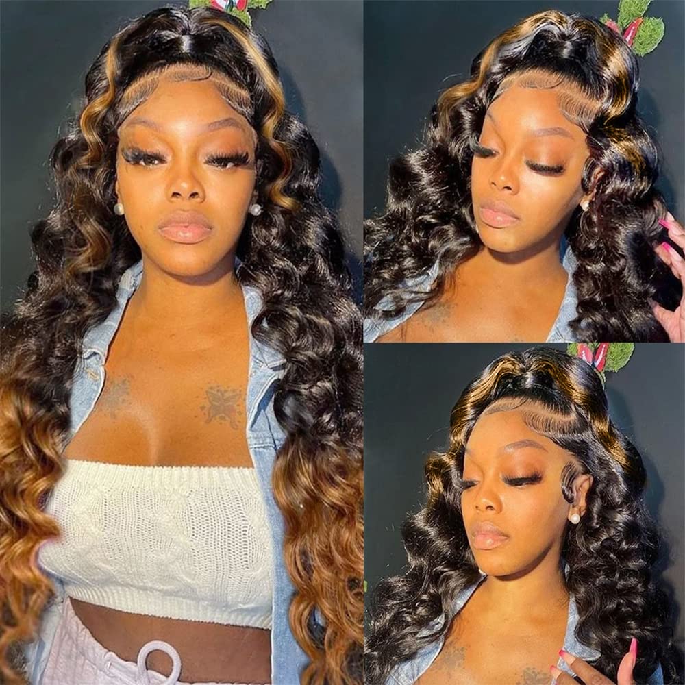 200% Density Full 360 Lace Front Ombre Lace Front Wig - Human Hair Glueless With Baby Hair Body Wave - Lace Front Wig Ombre (18 Inch)