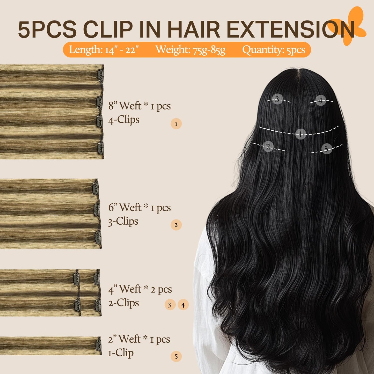 DOORES Hair Extensions Clip in Human Hair, 85g 5pcs Medium Brown Highlighted Golden Blonde Balayage 22 Inch Clip in Human Hair Extensions Real Natural Hair Extensions Straight