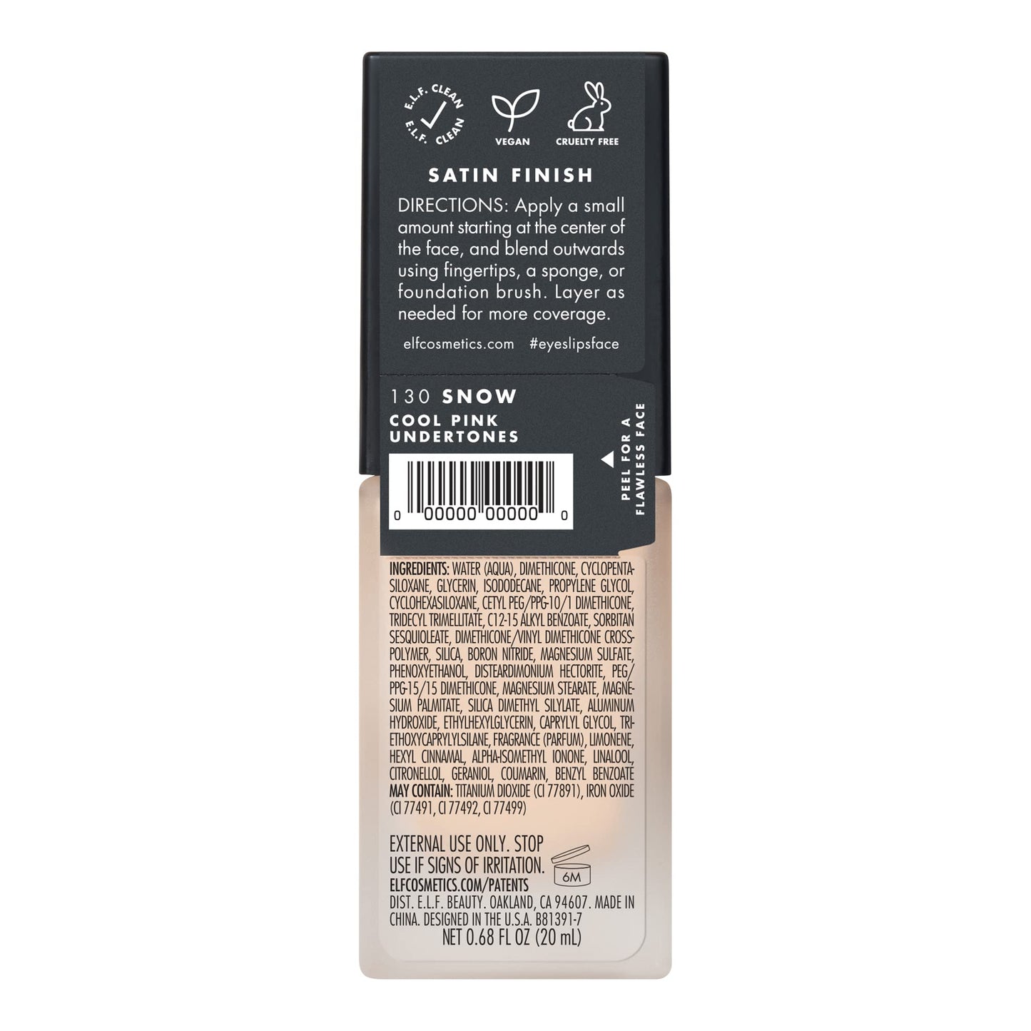 e.l.f. Flawless Satin Foundation, Lightweight & Medium Coverage, Semi-Matte Finish, Vegan & Cruelty-Free, Snow, 0.68 Fl Oz (20mL)