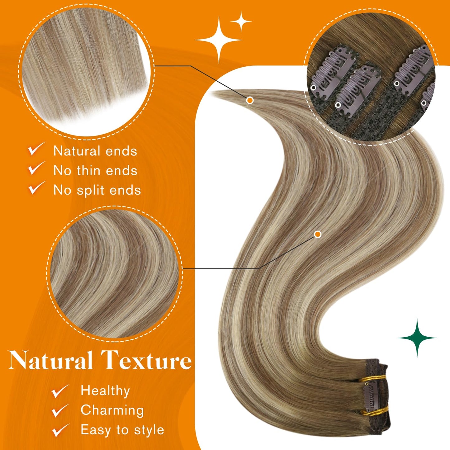Easyouth Clip in Hair Extensions Real Human Hair Remy Clip in Extensions Ombre Darker Brown Fading to Dirty Brown Mixed Blonde Hair Extensions Clip ins Short Hair 12 Inch 70g 5pcs