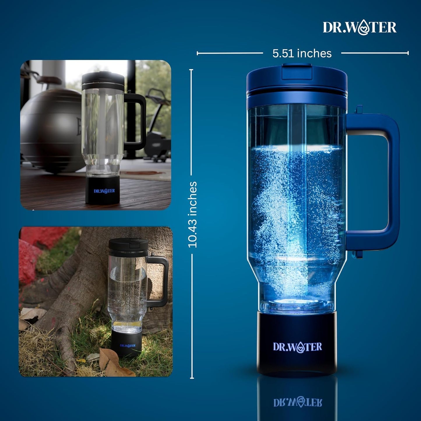 Dr.Water Hydrogen Water Bottle - 3X More Hydrogen Concentration - 32oz Hydrogen Water Bottle Generator - Portable Hydrogen Water Machine | Certified H2 Generator - HydroStanley Blue