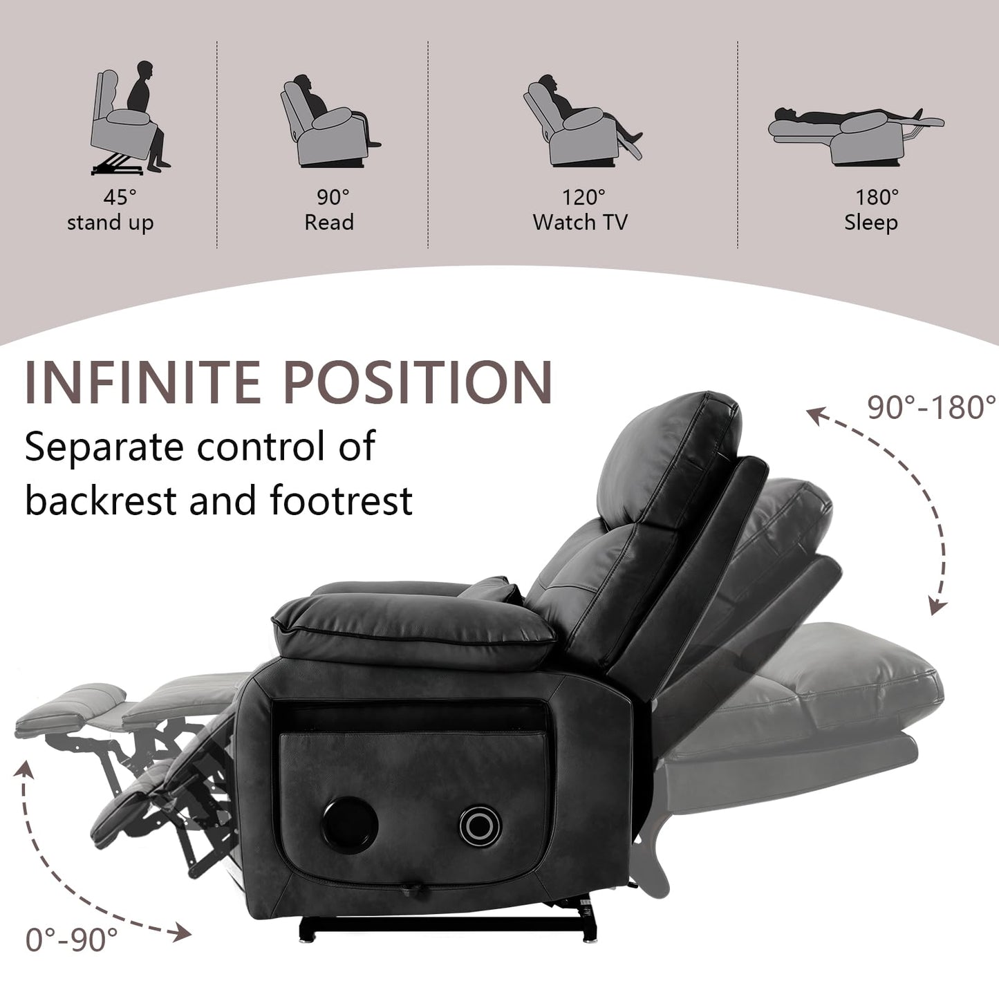 Dual Motor Power Lift Recliner Chair for Adult & Elderly, Infinite Position Lay Flat Lift Chair with Heat & Massage, Cup Holder, Lumbar Pillow, Wireless Charger, USB Ports, Leather (Silver Grey)