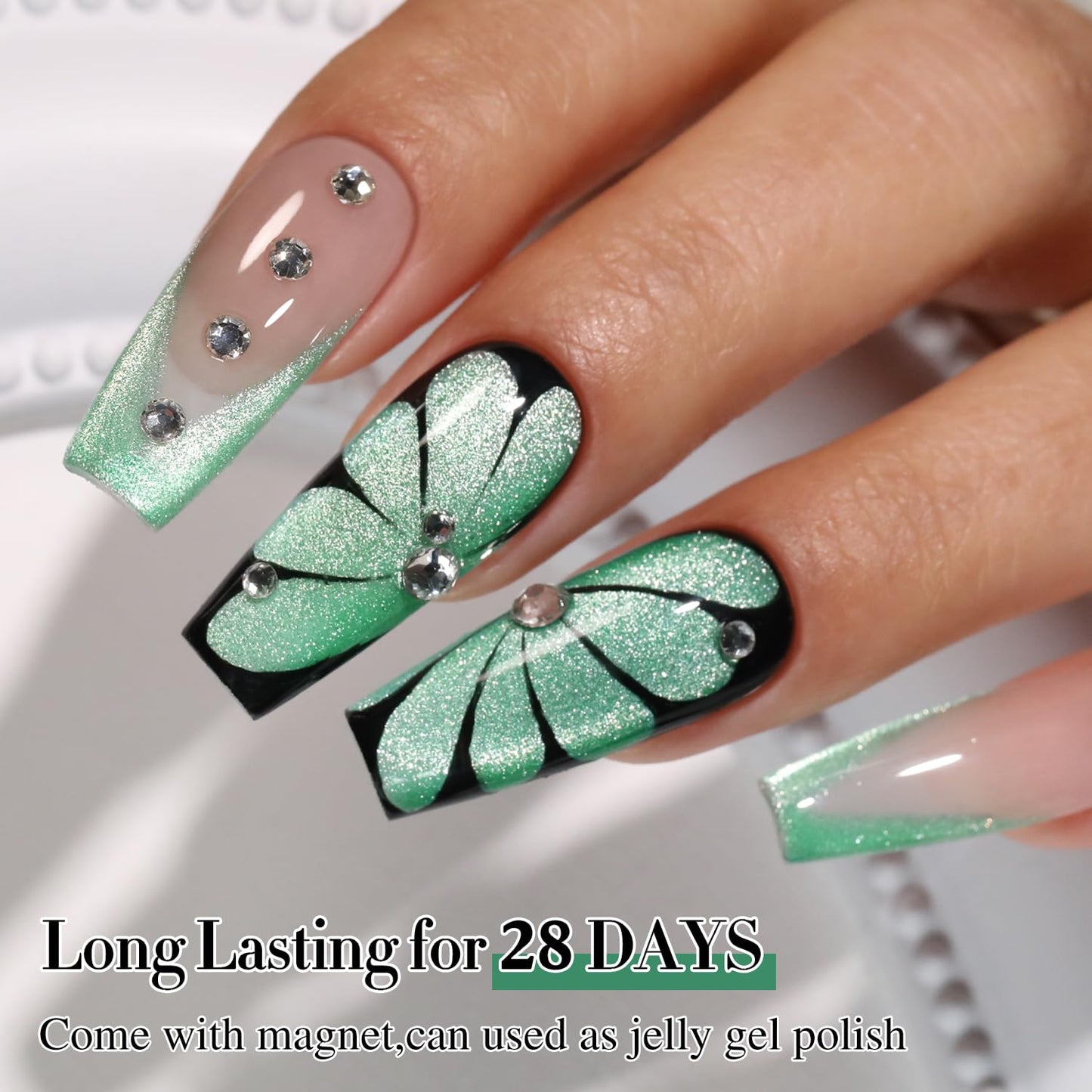 Double Rhythm Jelly Glass Cat Eye Gel Polish with Magnet 15ML Holographic Glitter Shimmer Translucent Sheer Color Magnetic Nail Polish Salon DIY at Home (Spring Green-MC1067)