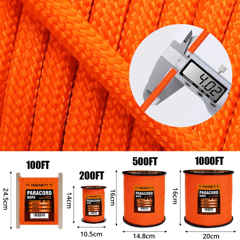 1000Ib Paracord Rope - 100ft / 200ft / 500ft / 1000ft 4mm,12 Strand Parachute Spool Cord,para Cord Lanyard for Camping,Hammock,Clothsline,Hiking,Fishing,Survival braceletand Survival