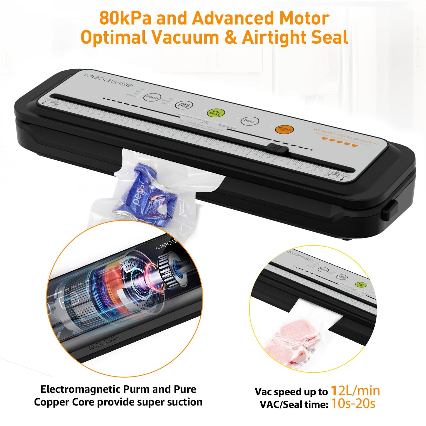2023 Updated Vacuum Sealer Machine, MEGAWISE Food Sealer w/Starter Kit, Dry & Moist Food Modes, Compact Design with 10 Vacuum Bags & Bulit-in Cutter(Grey) & Vacuum Sealer Bags (8''x 21.6')