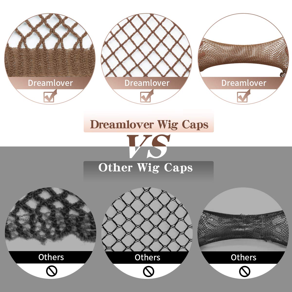 Dreamlover Mesh Wig Cap for Women, Hair Net for Halloween Wig, Brown, 3 Pieces