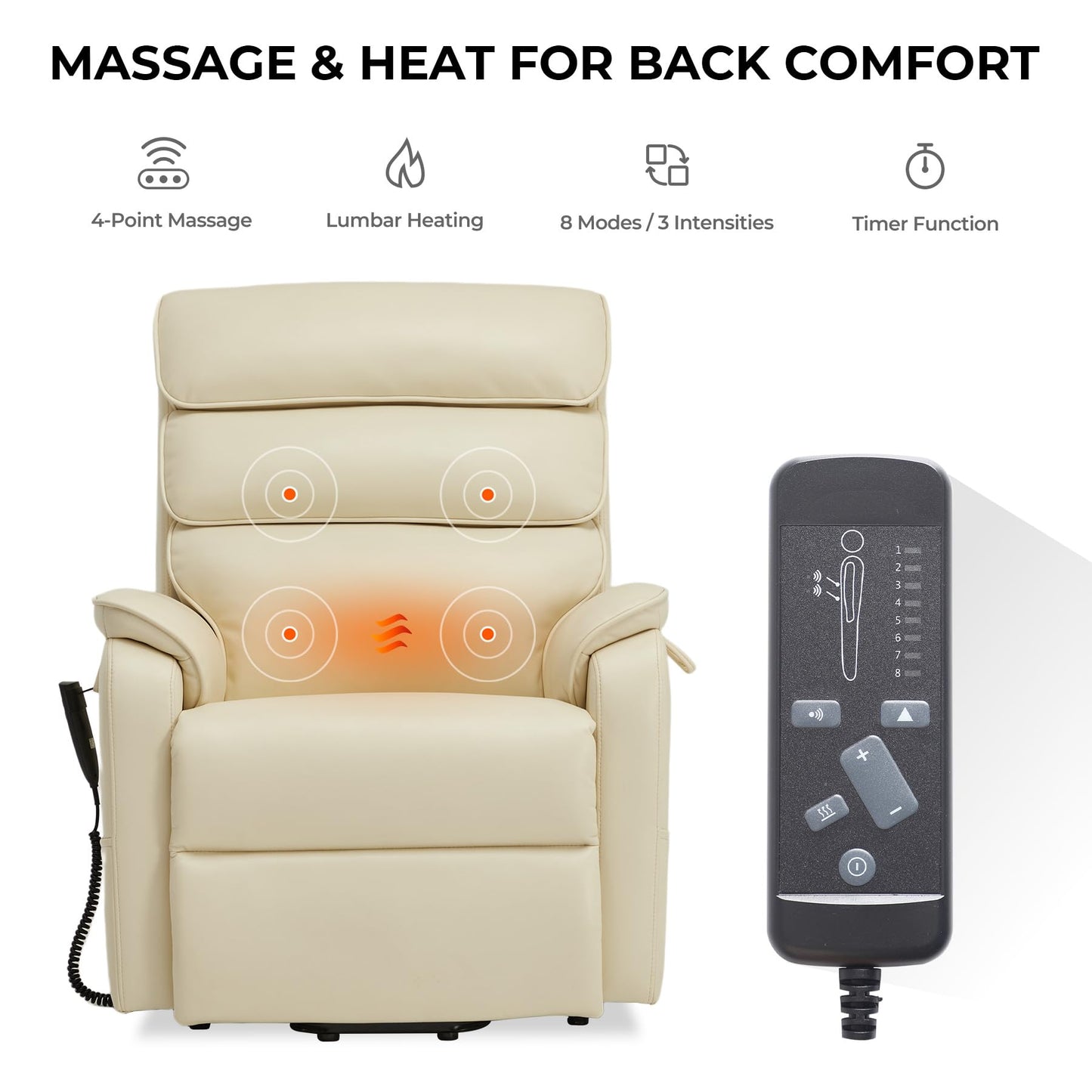DYNOX Medium Power Dual Motor Lift Recliners Chairs for Elderly Lay Flat Lift Chair with Infinite Positions, Heat & Massage, Supports 300 LBS(9188,Faux Leather,Cream)