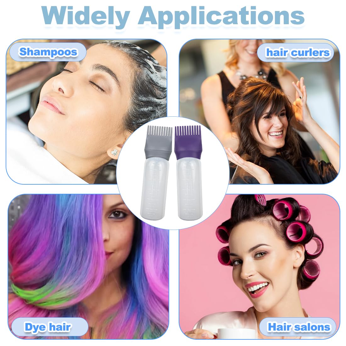 ELANE 4 Pack Root Comb Applicator Bottle for Hair Oiling, Dye, Shampoos and Salons (Purple+Grey)