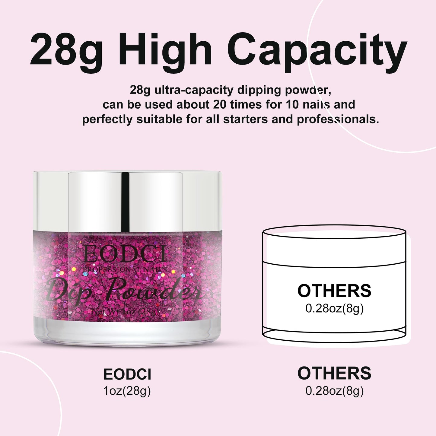 EODCI 1OZ Glitter Hot Pink Dip Powder Color, Nail Dipping Powder French Powder Pro Collection System Nail Art Starter Manicure Salon DIY at Home, Odor-Free&Long-Lasting, No Needed Nail Lamp Curing