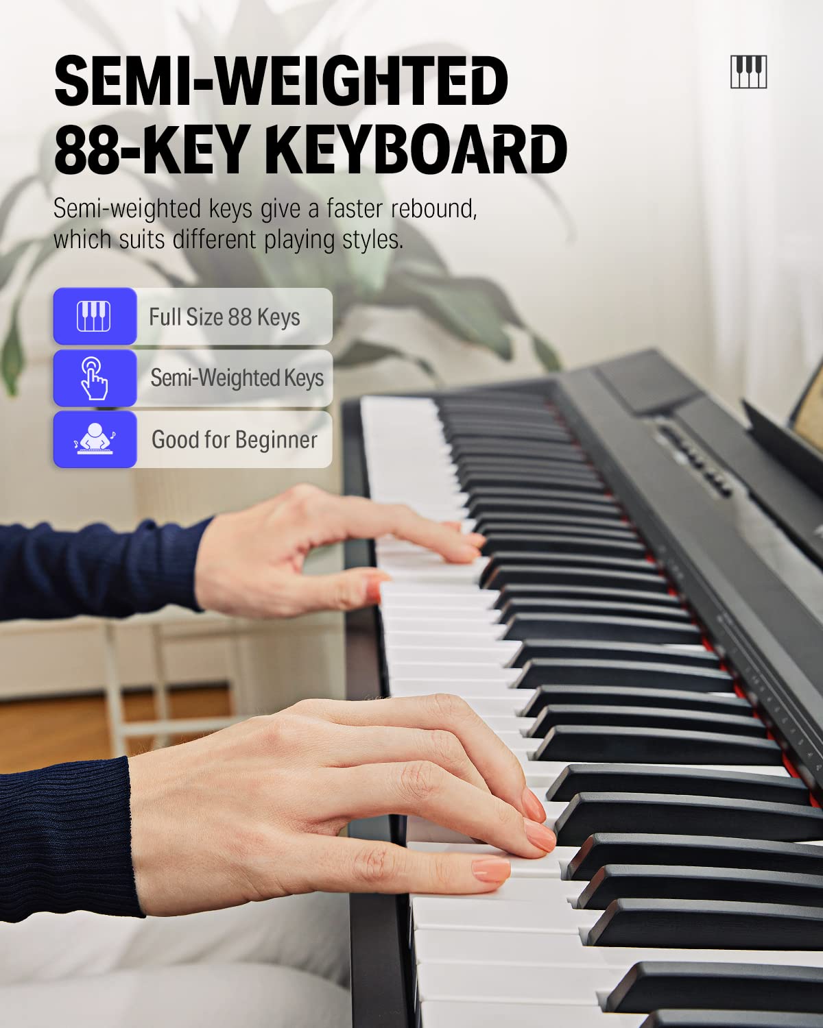 Donner DEP-10 Digital Piano 88 Key Semi-Weighted, Full-Size Electric Piano Portable Keyboard for Beginners, with Furniture Stand, Triple Pedals, Power Supply