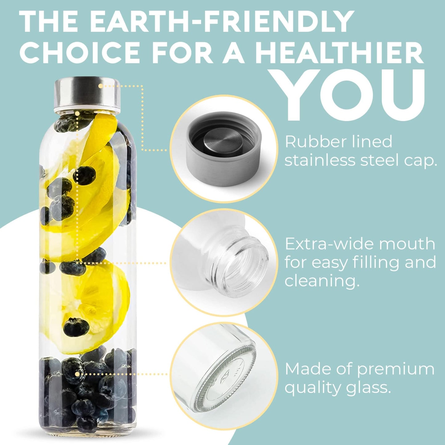 Epica 18-Oz. Glass Water Bottles with Lids, Juice Bottles - BPA Free & Eco-Friendly Reusable Refillable Bottles for Juicing, Set of 4 - Clear