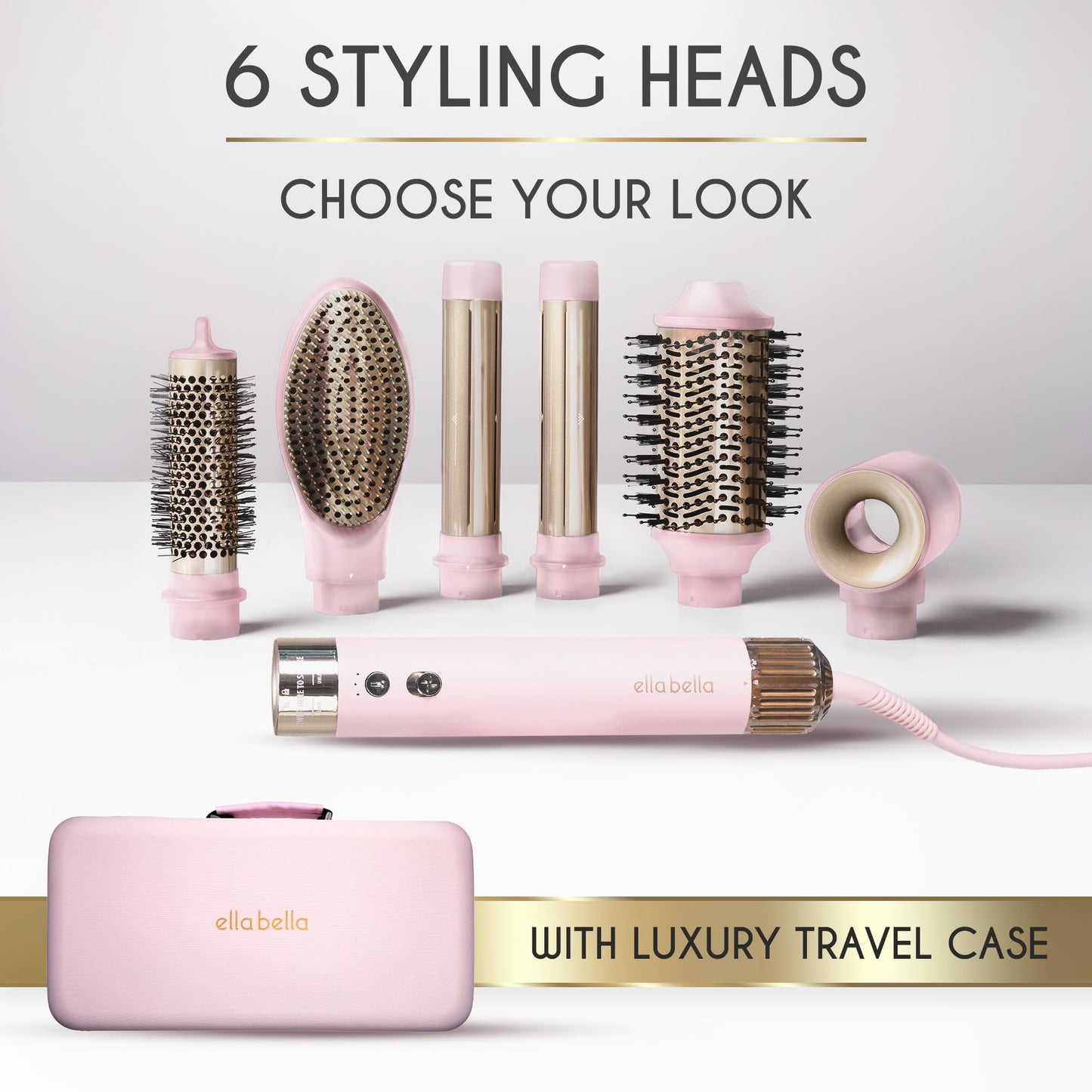ELLA BELLA® 6 in 1 Professional Hot Air Styler • Powerful Hair Dryer & Straightener Set • Styling Without Heat Damage • Fast Drying Curling Volumizing Straightening • Protective Travel Case (Pink)