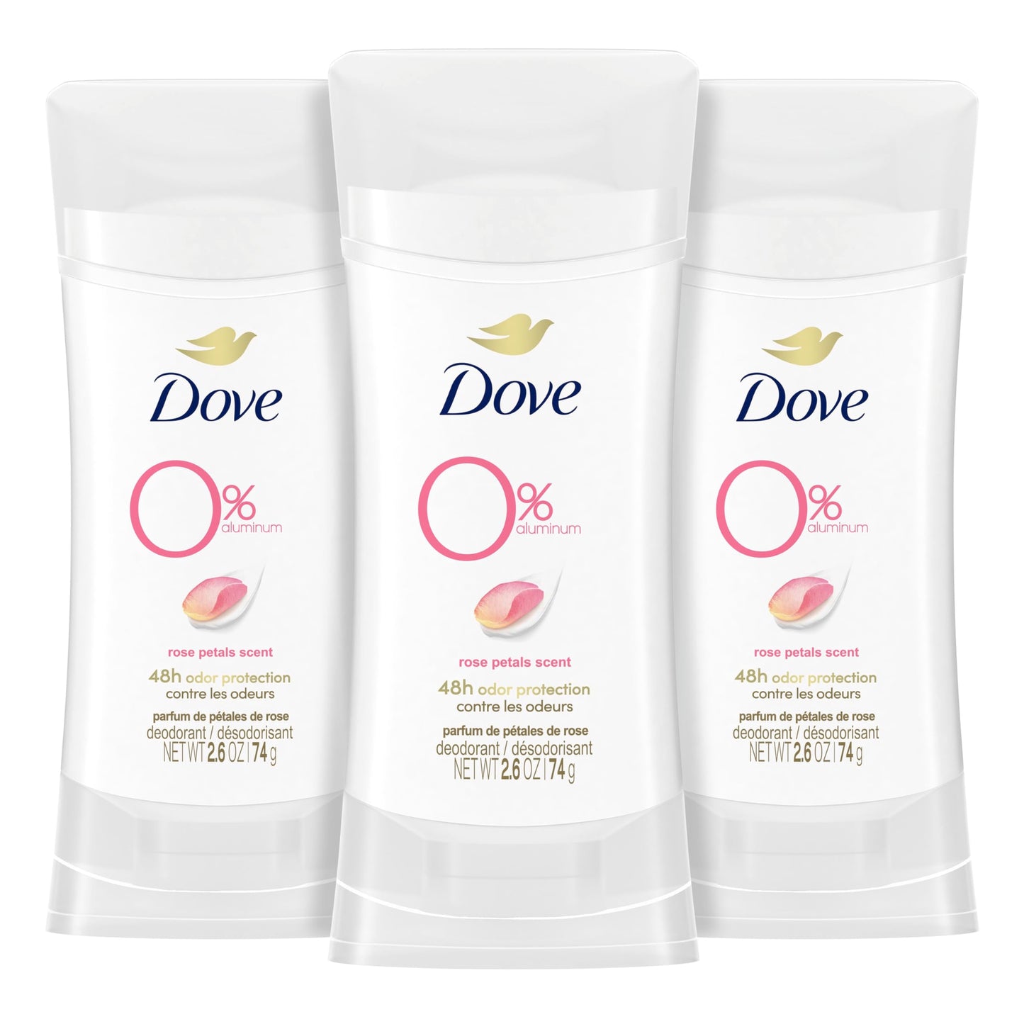 Dove 0% Aluminum Deodorant Stick Rose Petals 3 Count Non-irritating Deodorant for Underarm Care Kindest Aluminum Free Deodorant 2.6 oz