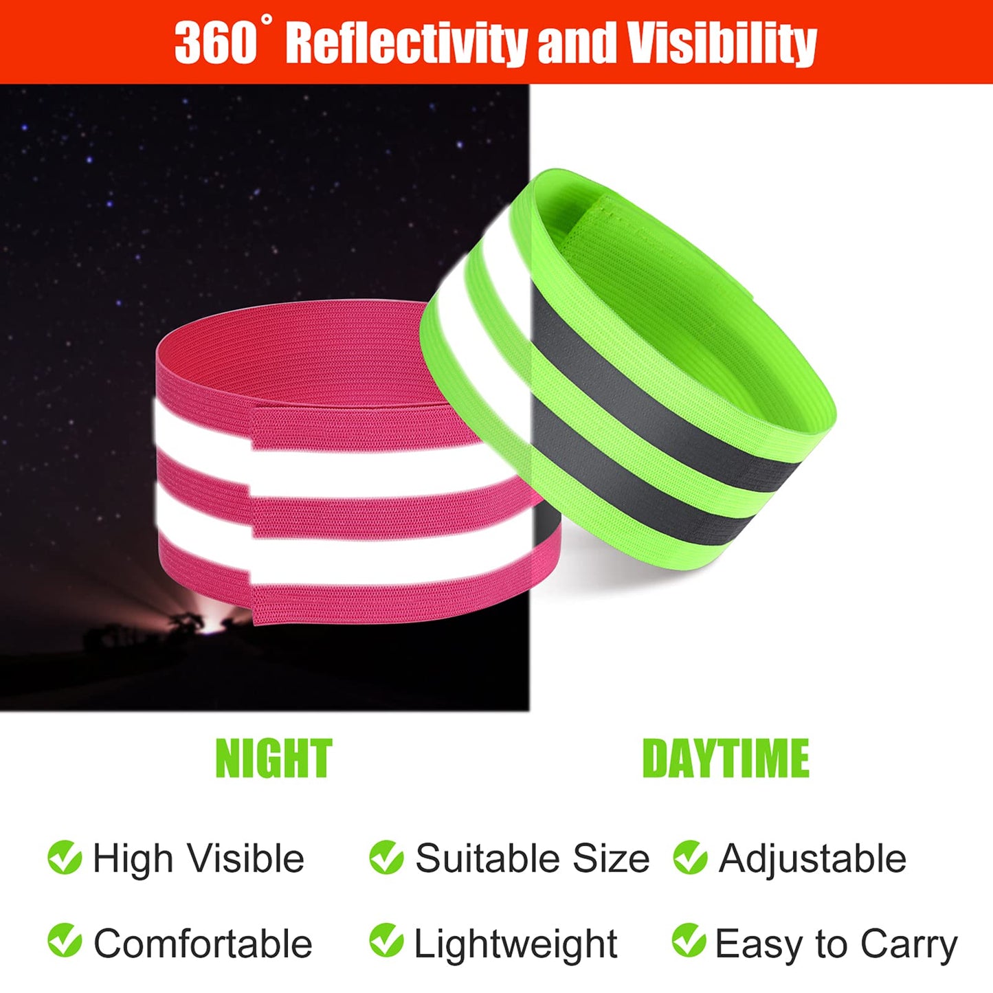 16 Pieces Reflective Bands Reflector Bands for Wrist, Arm, Ankle, Leg, High Visibility Reflective Gear Safety Reflector Tape Straps for Night Walking, Cycling and Running (Green, Pink)