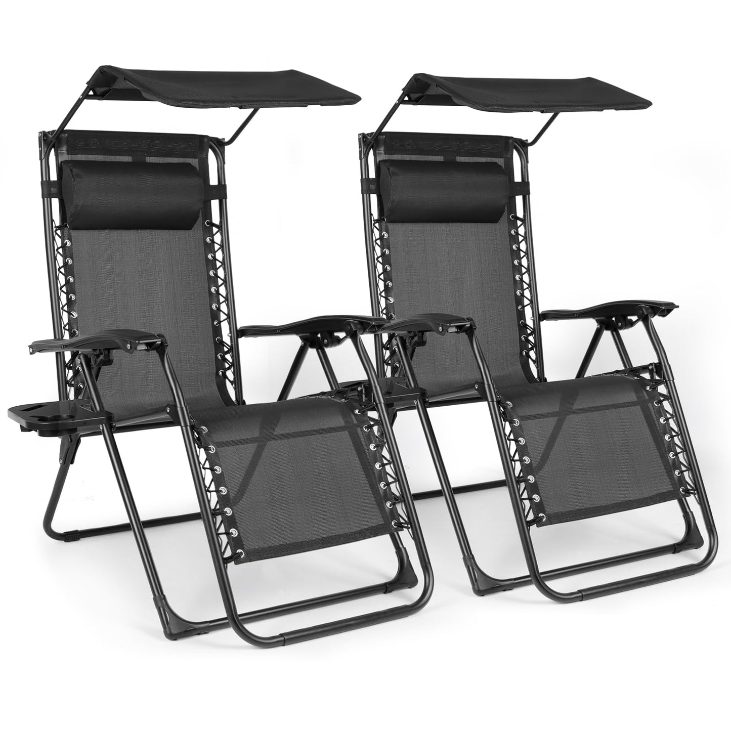 DuangDuang Zero Gravity Chairs Set of 2, Oversized Outdoor Recliner Patio Lounge Chair with Canopy Shade, Foldable Outdoor Lounger with Cup Holder Tray for Backyard Beach Camping, Black