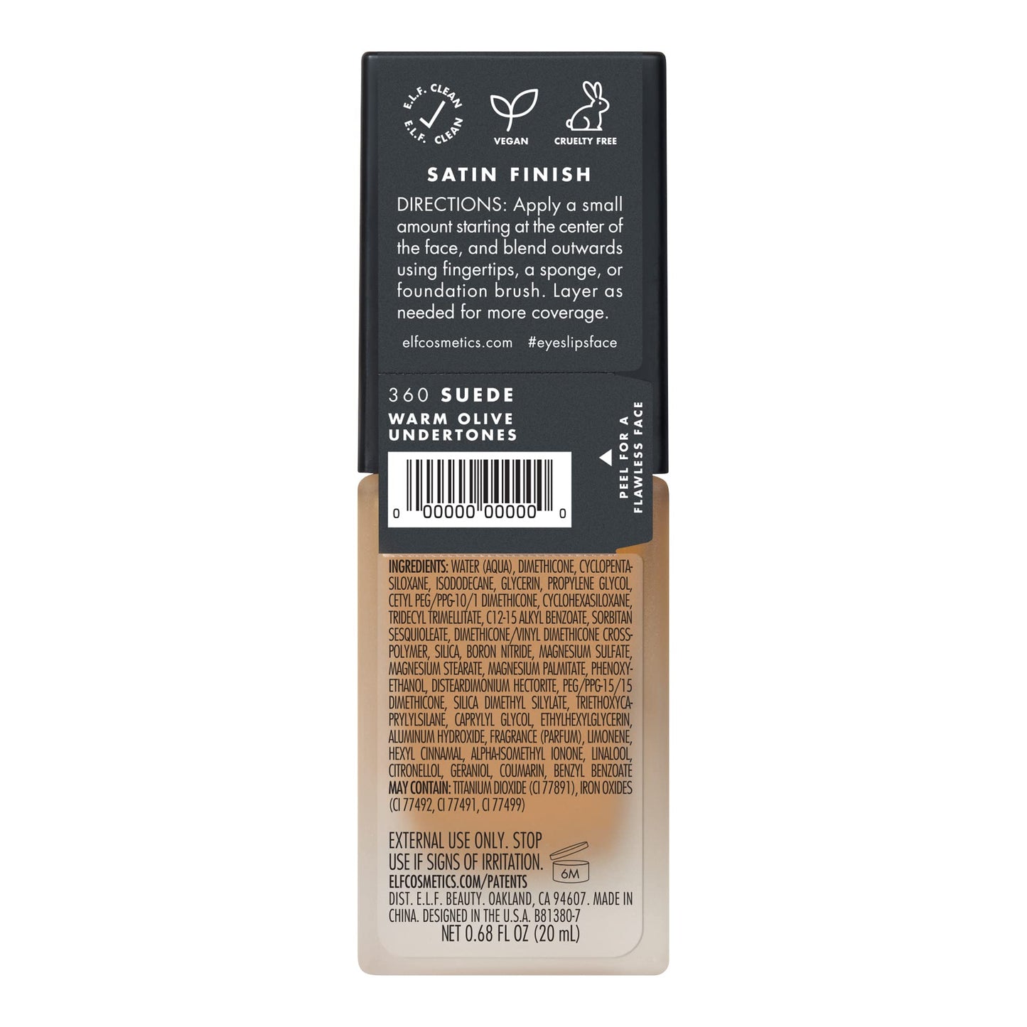 e.l.f. Flawless Satin Foundation, Lightweight & Medium Coverage, Semi-Matte Finish, Vegan & Cruelty-Free, Suede, 0.68 Fl Oz (20mL)