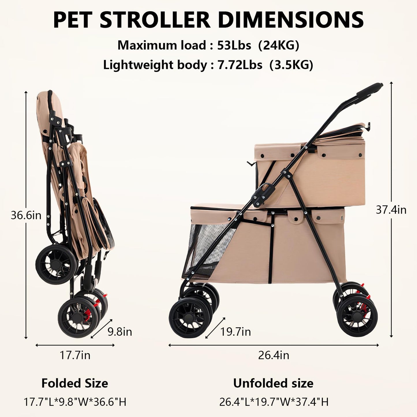 Double Pet Stroller for Medium Small Dogs and Cats with 2 Carriage, Durable Universal Wheels with Brakes Lightweight One Hand Foldale Kittens Puppies Travel Strolling Cart (Brown)