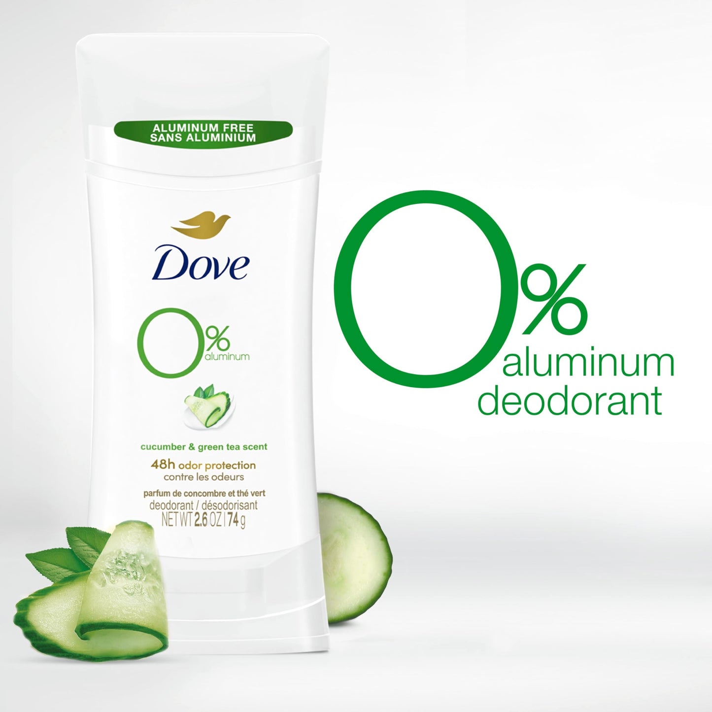 Dove 0% Aluminum Deodorant Stick Cucumber and Green Tea 4 Count Non-irritating for Underarm Care Kindest Aluminum Free 2.6 oz