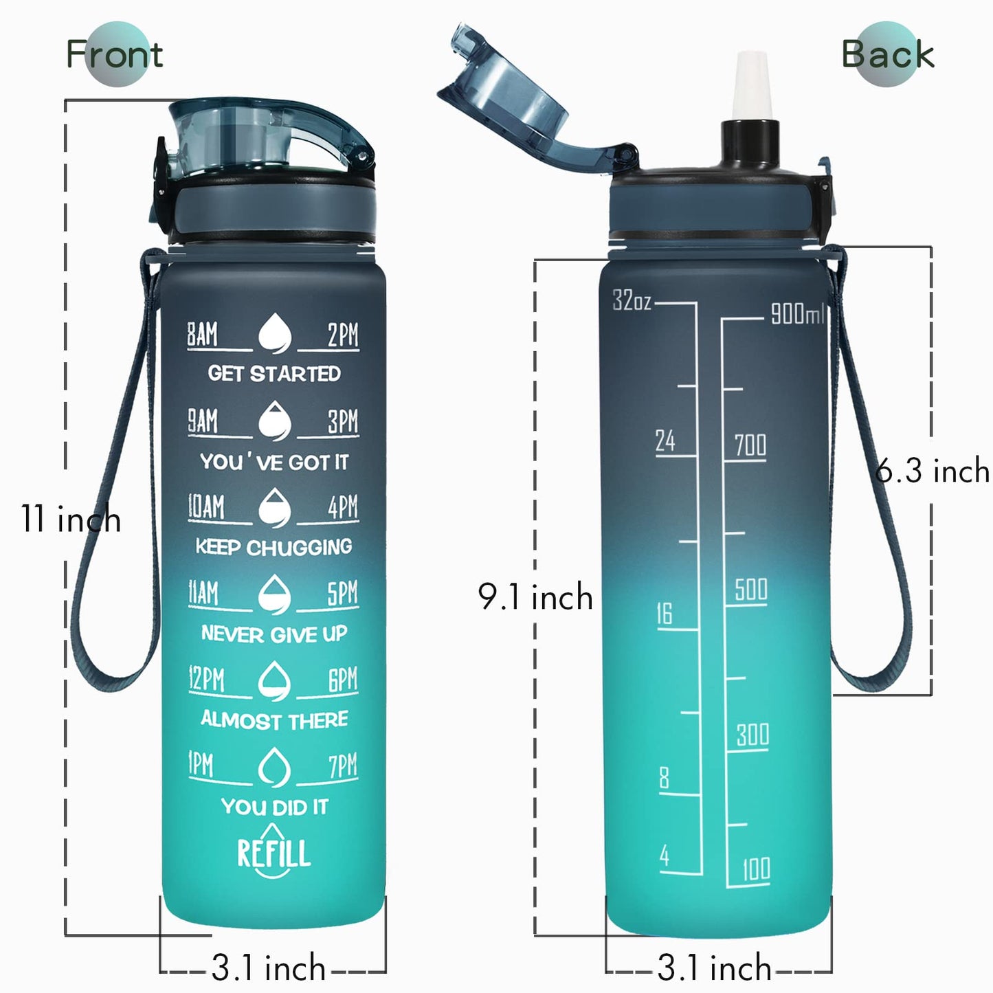Enerbone 32 oz Water Bottle, Leakproof BPA & Toxic Free, Motivational Water Bottle with Times to Drink and Straw, Fitness Sports Water Bottle with Strap for Office, Gym, Outdoor Sports