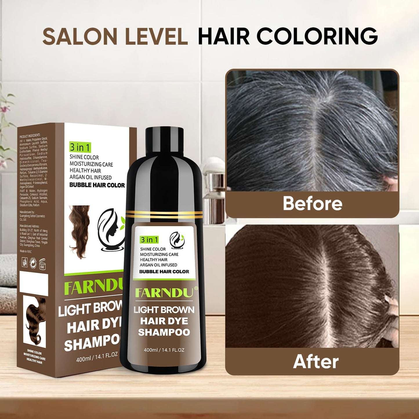DYEING 221 BC FARNDU Light Brown Hair Dye Shampoo for Gray Hair Coverage - 3 In 1 Natural Hair Color Shampoo for Women & Men, Champu Para Canas Mujer