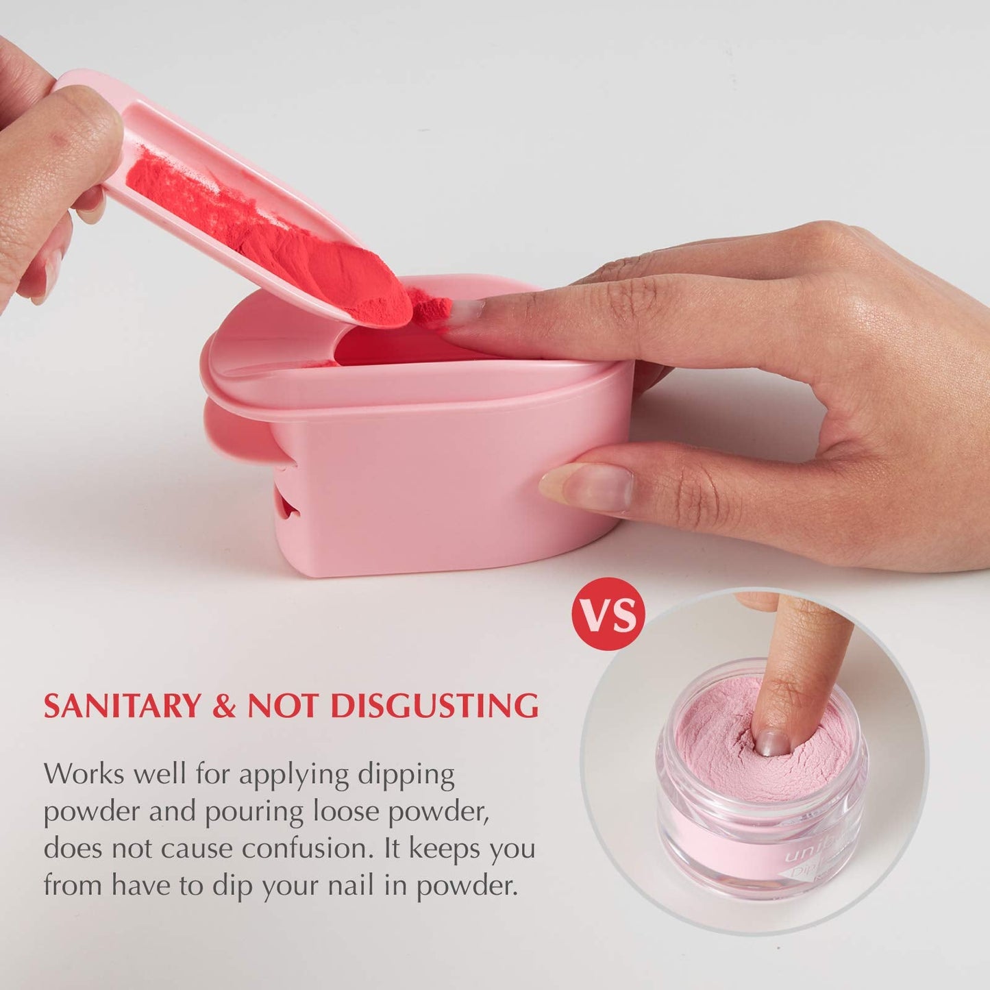2-in-1 Dip Powder Recycling Tray System & French Tip Mold Dip Nail Tray - Nail Powder Glitter Rhinestones Pearls Saver Holder Storage Container Recycling Tool - French Smile Line Making Mold - Pink
