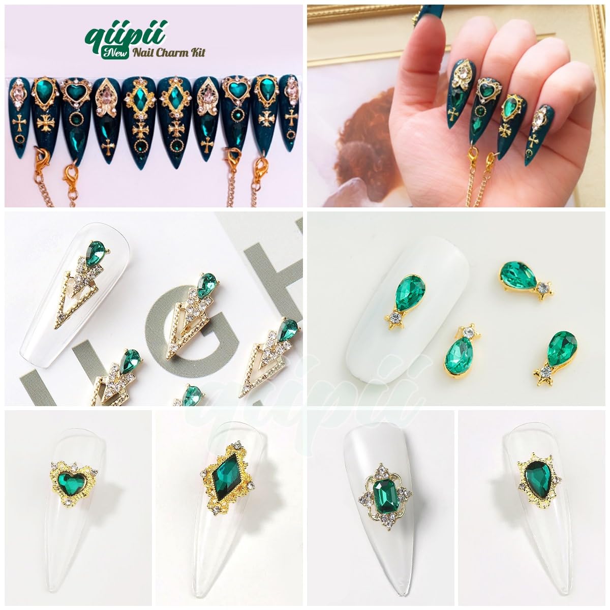 Emerald Green Nail Rhinestones - 24pc Luxury Nail Art Charms with Green Heart & Big Gems
