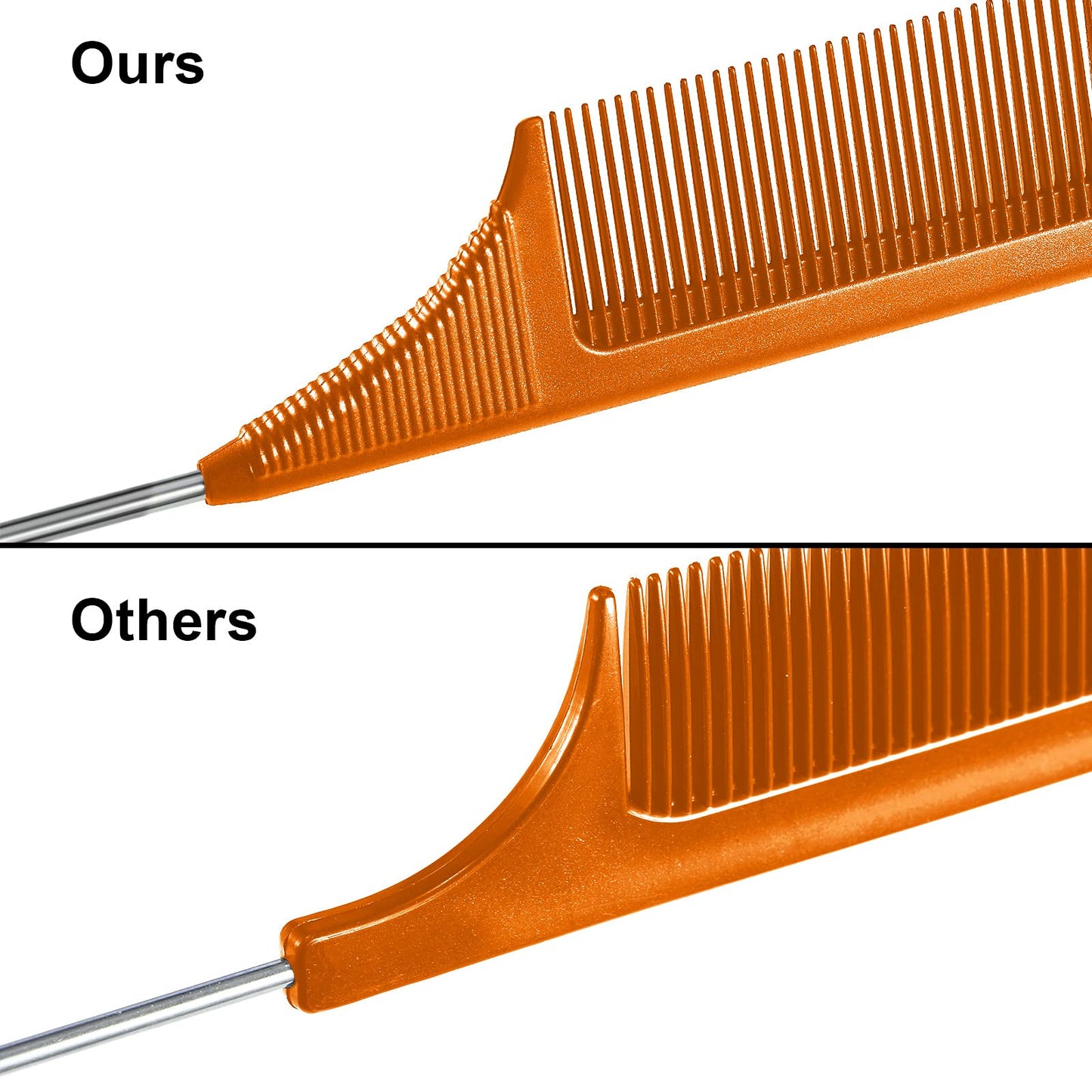 3 Packs Rat Tail Comb Steel Pin Rat Tail Carbon Fiber Heat Resistant Teasing Combs with Stainless Steel Pintail (Orange)