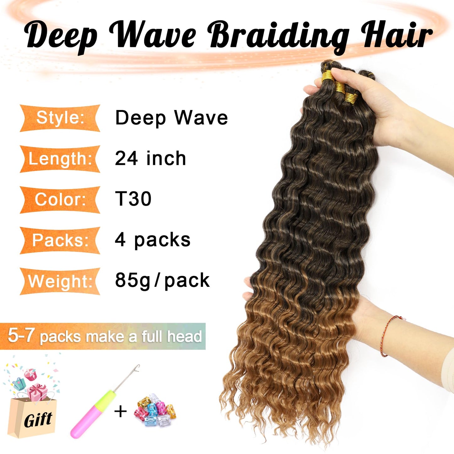 Eerya Long Curly Braiding Hair 24 Inch 4 Packs Deep Ocean Wave Crochet Hair for Black Women Deep Wave Braiding Hair for Boho Braids (24 inch, T30)
