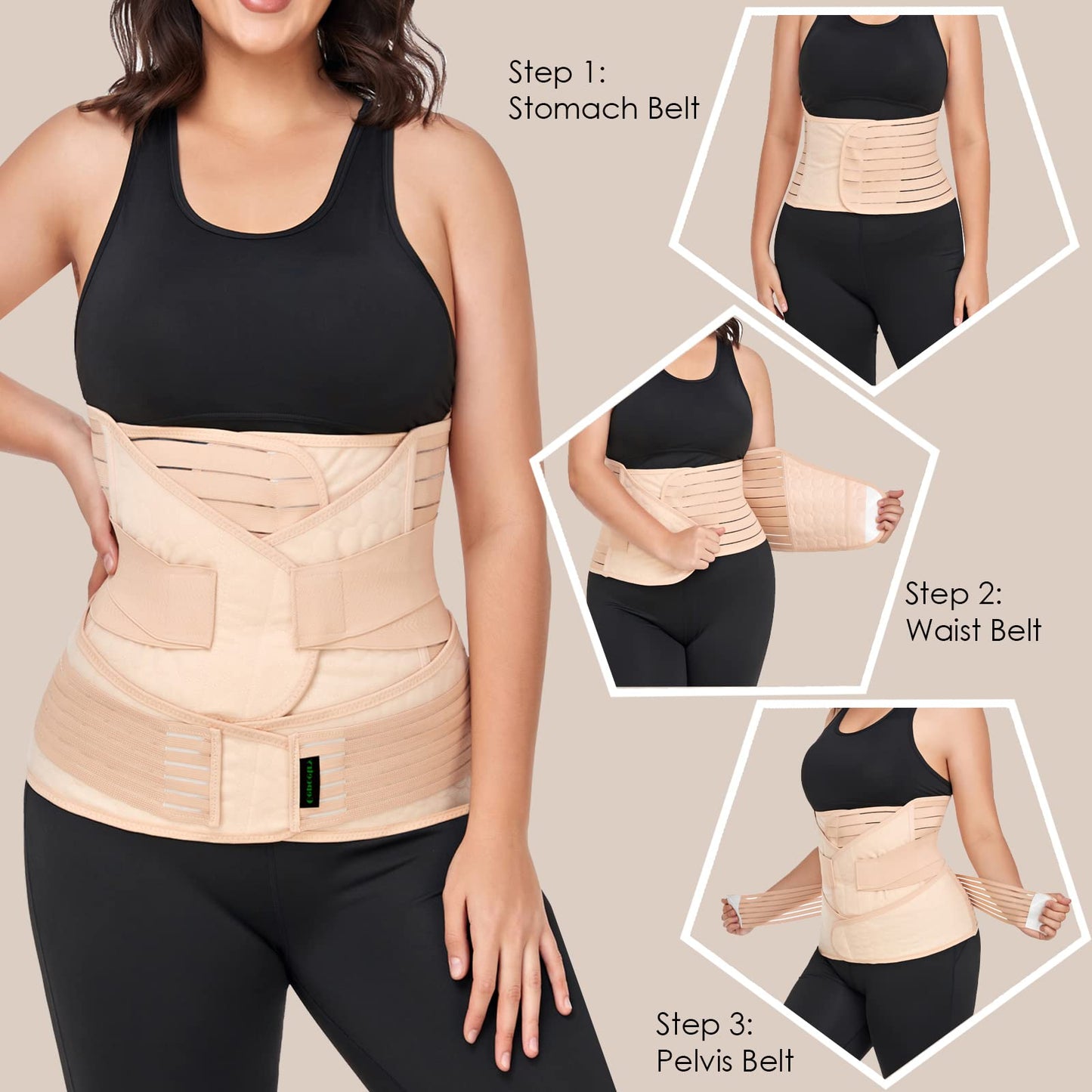 3 in 1 Postpartum Belly Band Wrap Support Recovery Girdles Abdominer Binder Post Surgery Belly&Waist&Pelvis Support Belt & Back Brace (Beige, X-Large)