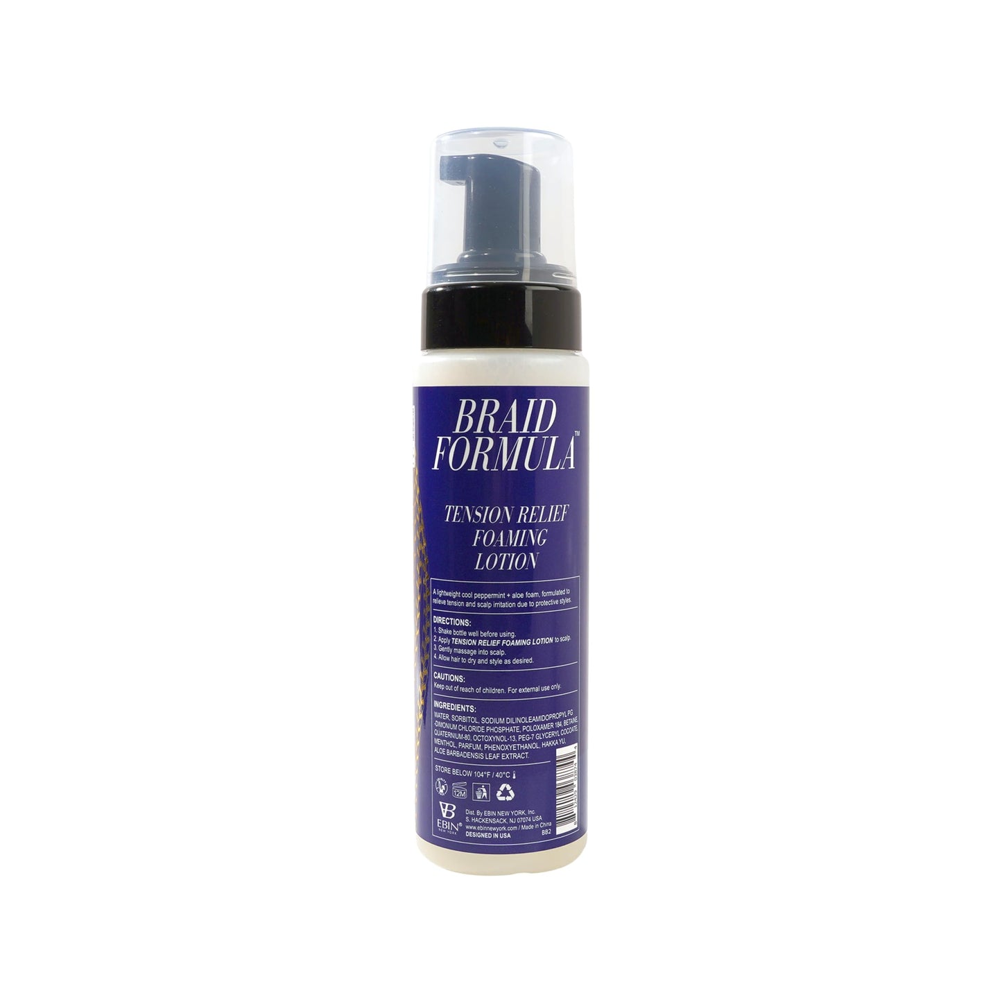 EBIN NEW YORK Braid Formula Tension Relief Foaming Lotion Peppermint & Aloe 8.5 fl. oz. 250ml Nourishing and Hydration, Style your Braids with Ease, Frizz Control