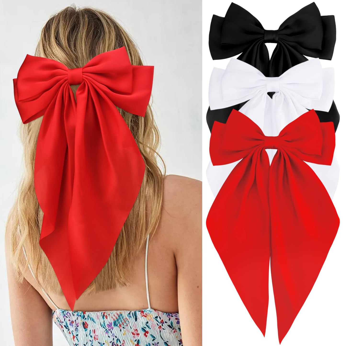 Velscrun Red Black White Hair Bows for Women Girls, Silky Satin Large Coquette Bow Oversized Hair Ribbons Big Bows Clip, Long Tail Bowknot Hair Barrettes Halloween Christmas Hair Bow Accessories