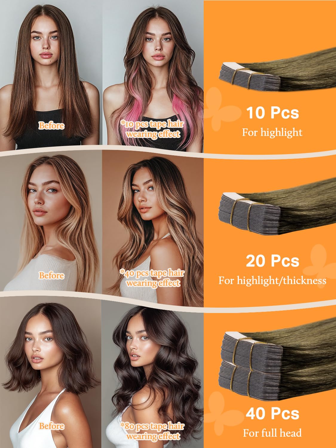 DOORES Hair Extensions Real Human Hair, Medium Brown 10 Inch 30g 20pcs, Tape in Hair Extensions Human Hair Natural Remy Hair Seamless Hair Extensions