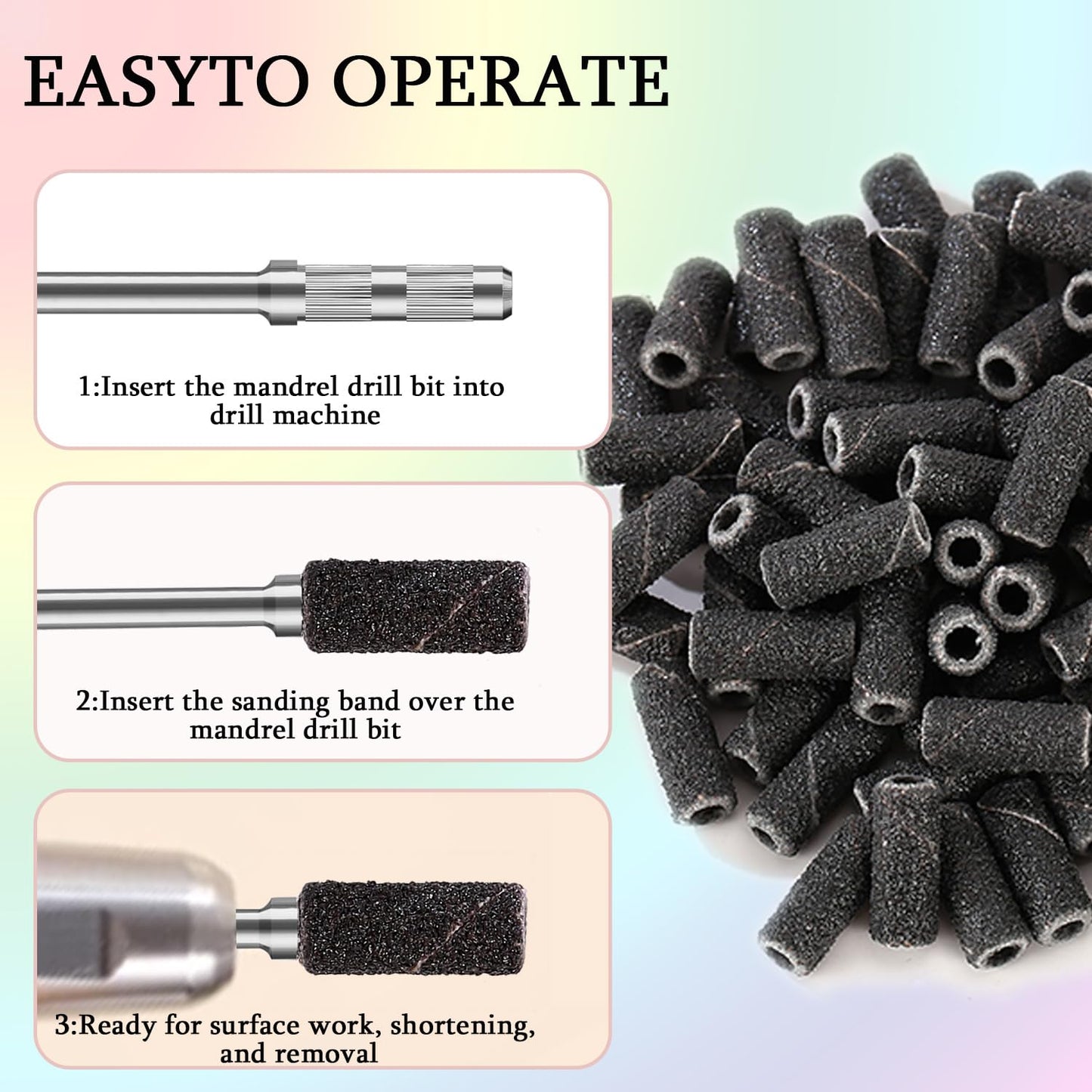 ERUIKA 100pcs Nail Drill Bits Small Sanding Bands with 3.1mm Mandrel Bit, 240 Extra Fine Grit Nail File Sanding Bands for Acrylic Nails Gel Removing Shaping Manicures and Pedicure (Black, 240 Grit)