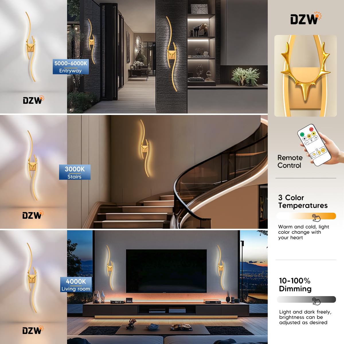 DZW 39.3'' Battery Operated Natural Light Spectrum Wall Sconces Set of Two,Touch & Remote Controll, 3000K-6000K & Dimming, LED Gold Cordless Wall Light for Living Room, Hallway, Bedroom