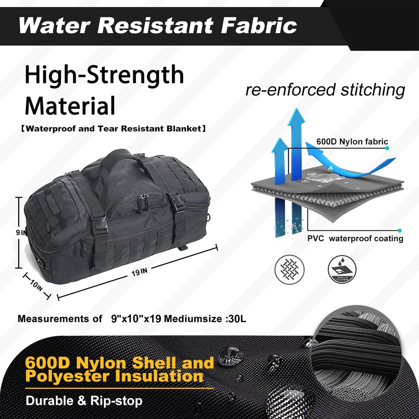 3 In 1 Tactical 30L Military Backpack Travel Duffle Bag for Weekender Gym Workout Deployment
