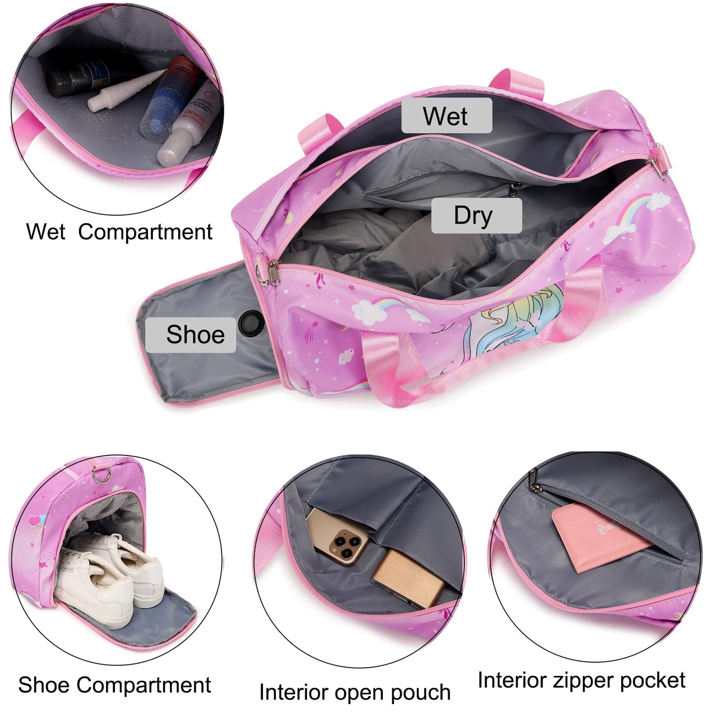Duffle Bag for Girls Water Resistant Dance Bag Travel Overnight Bag for Gymnastic Bag for Sports Gym Dance Bag with Shoe Compartment