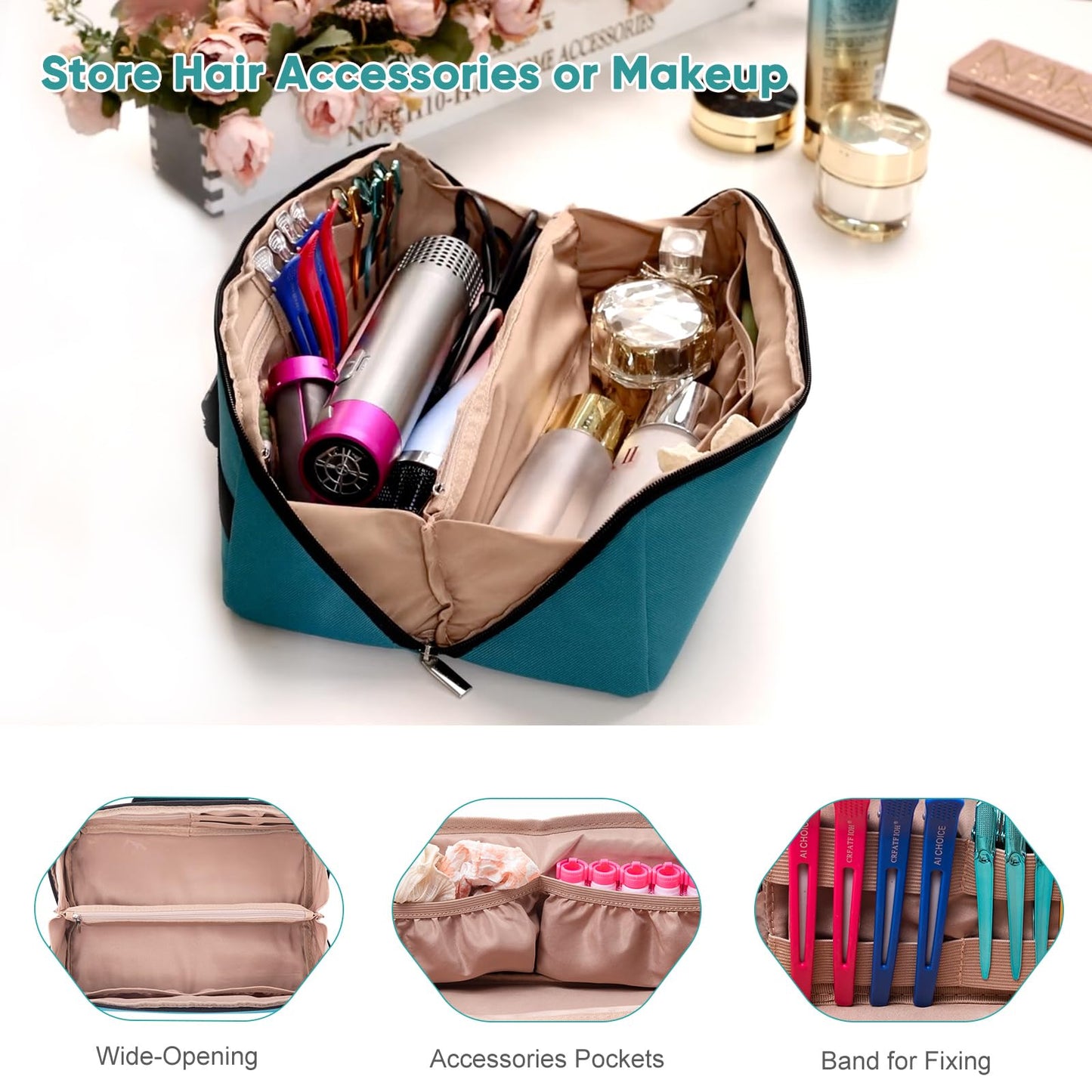 ELCUPA Large Travel Bag - 2in1 Hair Tools Organizer for Dryer Brush, Flat Irons, Straighteners, Curling Irons, Makeup Bag for Travel Essentials