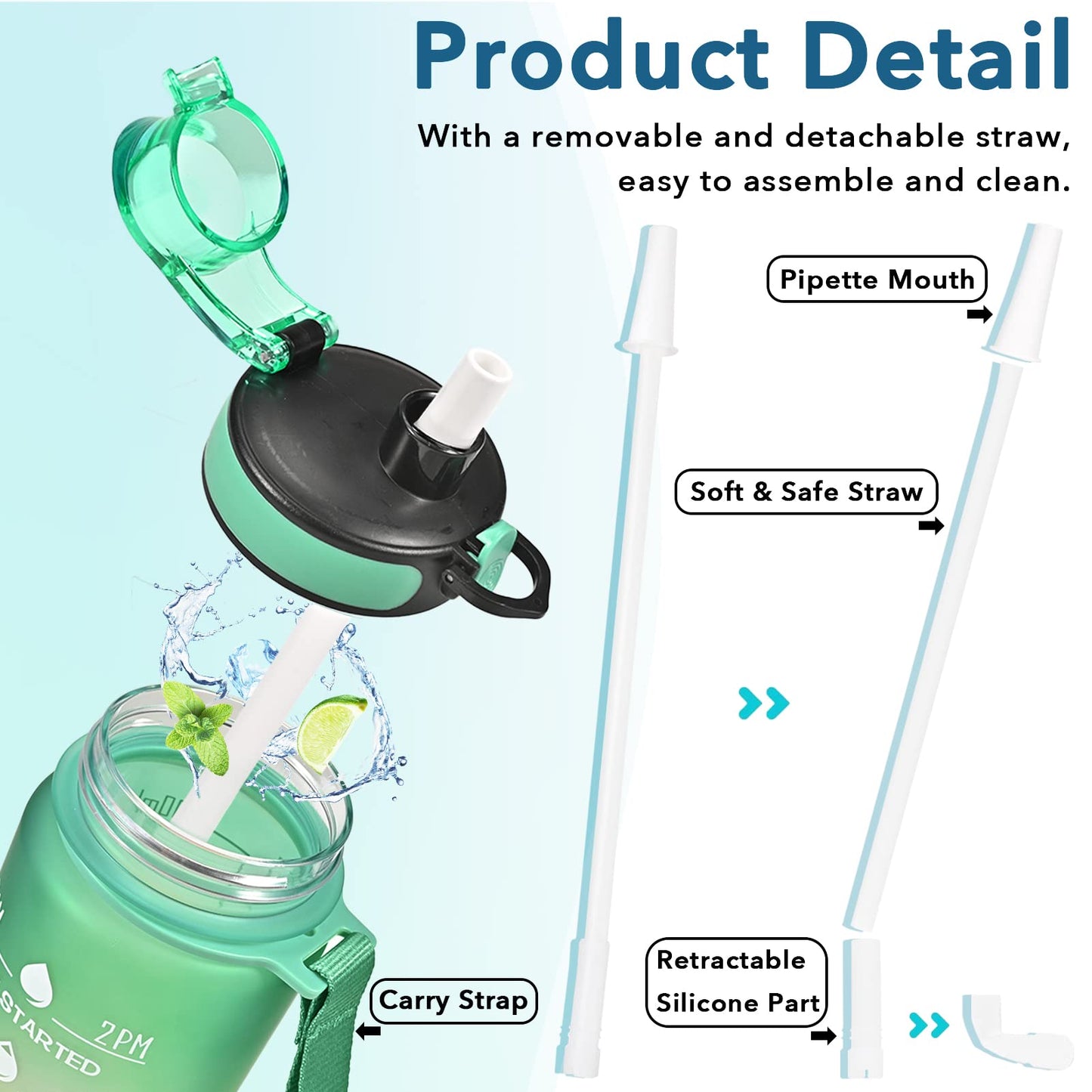 Enerbone 32 oz Water Bottle, Leakproof BPA & Toxic Free, Motivational Water Bottle with Times to Drink and Straw, Fitness Sports Water Bottle with Strap for Office, Gym, Outdoor Sports