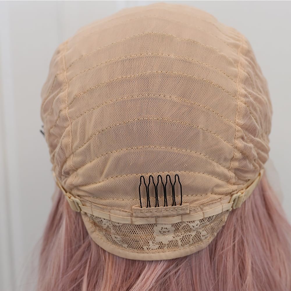 ELESTY 13 * 4 Icy Pink Synthetic Lace Front Wig Long Wavy Free Part Lace Front Synthetic Wig Pre Plucked Natural Hairline Glueless Heat Resistant Fiber Hair Loose Curly Wigs for Women Cosplay