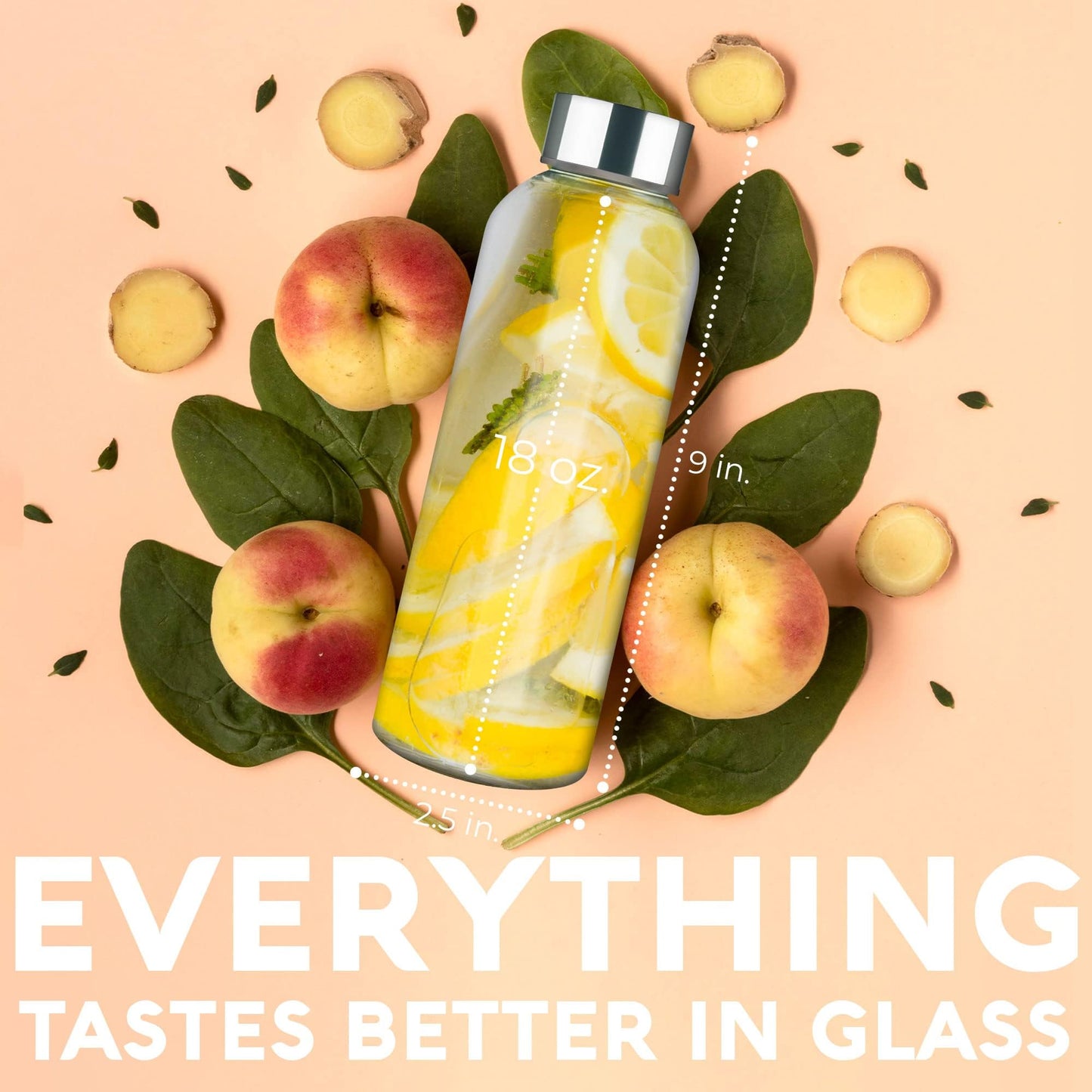 Epica 18-Oz. Glass Water Bottles with Lids, Juice Bottles - BPA Free & Eco-Friendly Reusable Refillable Bottles for Juicing, Set of 4 - Clear
