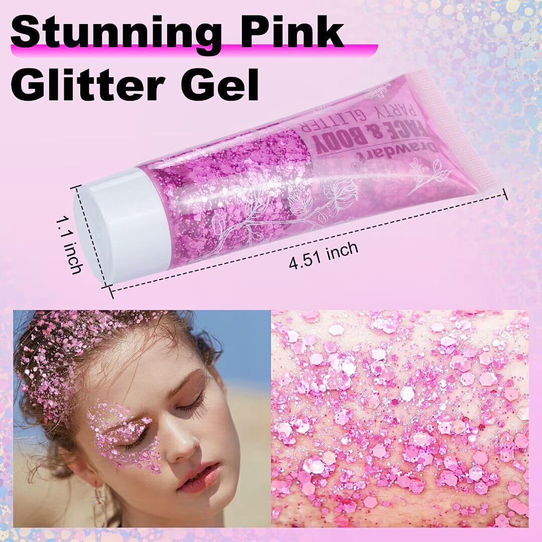 Drawdart Pink Body Glitter Gel,Singer Concerts Lover Heart Face Glitter Gel,Face Body Chunky Glitter Makeup for Festivals,Raves,Anime Cosplay - Safe for Face 50ml