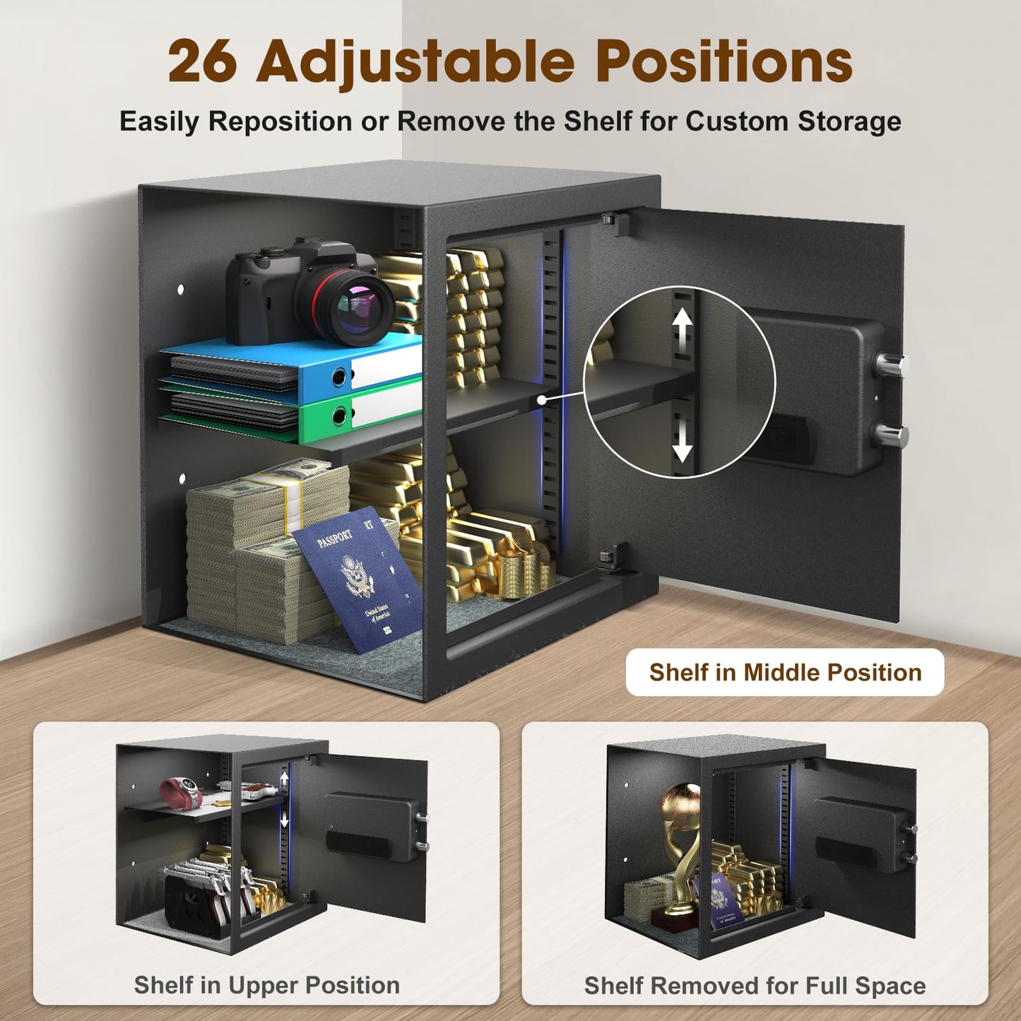 2.3 Cu.Ft. Home Safe Box with Gun Rack, Fireproof Waterproof Security Safes with Fireproof Bag, Dual Code, Adjustable Shelf, Anti-Scratch Mat & Mounting Kit, Large Safe for Pistols & Valuables