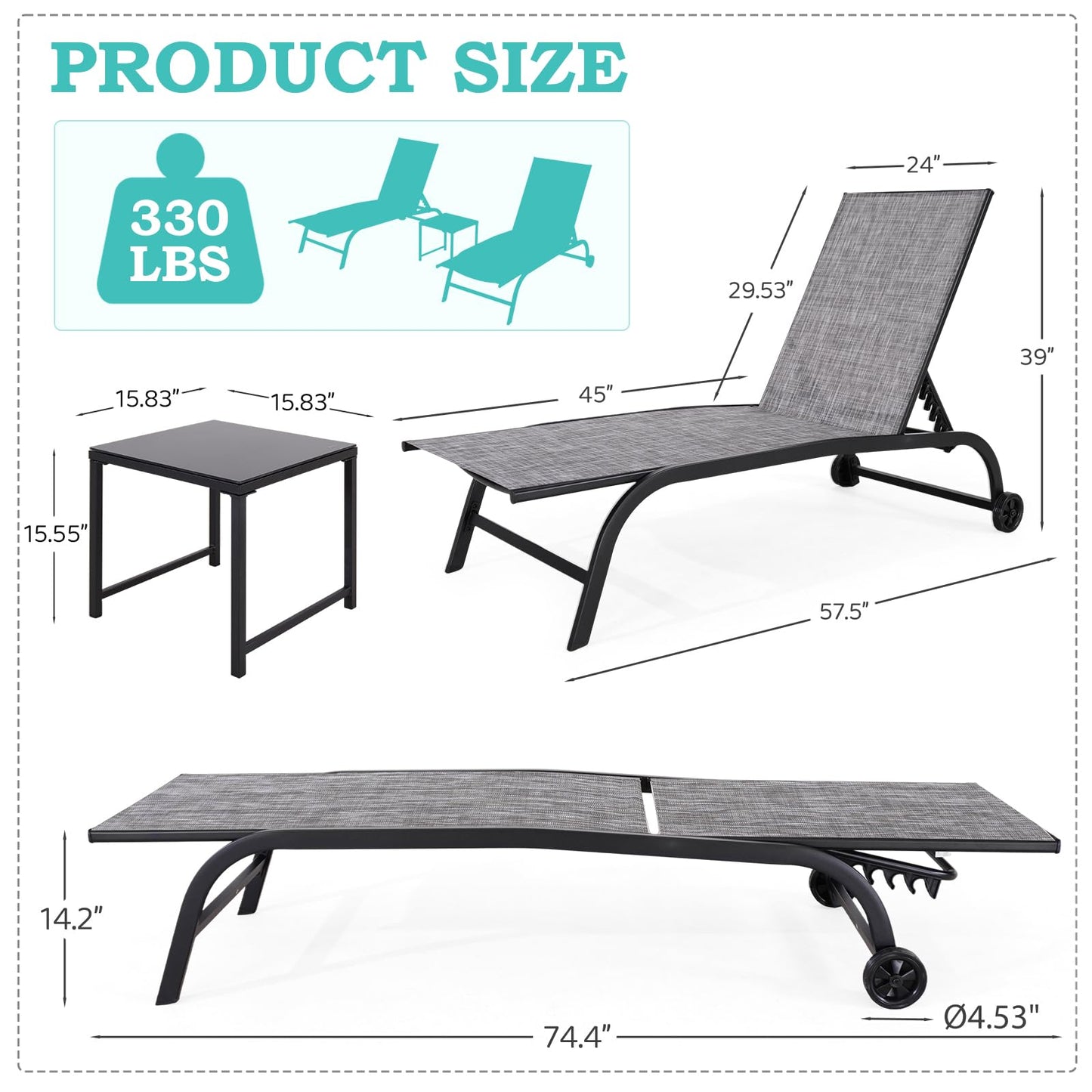 EROMMY Patio Chaise Lounge Chair Set of 2 with Table, Adjustable Backrest & Wheels, Oversized 26" W Outdoor Poolside Recliners for Garden, Deck, Lawn, Backyard